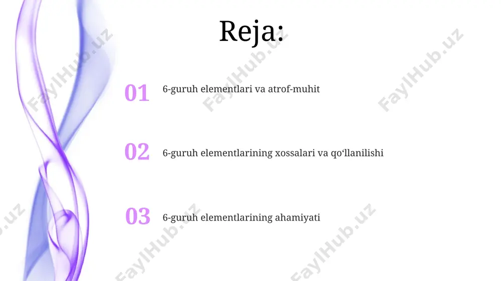 atida ishtirok etib, uglevodlar va lipidlar almashinuvining muhim bosqichlarida qatnashadi. selenium (se), 6-guruhning bir elementi bo'lib, glutation peroksidaza fermentining tarkibiga kiradi va hujayralarni oksidlovchi stressdan himoya qilishda muhim rol o'ynaydi, bu jarayon 20 dan ortiq fermentda uchraydi. xrom va uning qotishmalari xrom (cr) 24 atom raqamiga ega va d-elementlar guruhiga mansub bo'lib, uning qotishmalari yuqori korroziyaga chidamlilik xususiyatiga ega. xrom qotishmalari, masalan, xrom-nikel po'latlari, yuqori haroratlarda ham o'zining mexanik xususiyatlarini saqlab qoladi va shu sababli aviatsiya va kosmik sanoatda keng qo'llaniladi. 6-guruh elementlarining kelajagi energiya saqlash tizimlarida, xususan litiy-ion batareyalarning samaradorligini oshirishda, 6-guruh elementlarining, masalan, molibden va volframning, elektrod materiallari sifatida qo'llanilishi katta istiqbolga ega. 6-guruh elementlari asosidagi yangi materiallarni ishlab chiqarish, masalan, grafen kabi 2d materiallar bilan qotishmalar yaratish bo'yicha tadqiqotlar davom etmoqda, bu esa ularning qo'llanilishini kengaytiradi. e'tiboringiz uchun rahmat @taqdimot_robot image4.jpg image5.jpg image6.jpg image7.jpg image8.jpg image9.jpg image10.jpg image1.jpeg image2.jpeg image3.jpeg