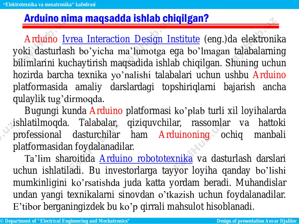 design of presentation anvar djalilov “elektrotexnika va mexatronika” kafedrasi arduino dasturlash muhiti 8-rasm. arduino dasturi menyusi. arduino platasiga ulanish: usb orqali arduino platasini kompyuterga ulaganingizdan so'ng, arduino ide dasturi qaysi arduino platasini ulaganingizni ko'rsatishi kerak. buning uchun menyu bo'limidagi asboblar paneli ro'yxatidan kerakli bo’limni tanlang. asboblar >plata> platforma nomi. © department of "electrical engineering and mechatronics" design of presentation anvar djalilov “elektrotexnika va mexatronika” kafedrasi arduino dasturlash muhiti endi siz arduino platangiz ulangan com portini tanlashingiz kerak. buning uchun menyu bo'limidagi mavjud portlar ro'yxatidan kerakli com portni tanlang. "asboblar>port>mavjud port raqami ". © department of "electrical engineering and mechatronics" design of presentation anvar djalilov “elektrotexnika va mexatronika” kafedrasi arduino dasturlash muhiti agar sizning arduino platangizning usb kontrolleri ftdi chipida yoki shunga o'xshash tarzda amalga oshirilsa, mavjud portlar ro'yxatida com portning qarshisidagi qavslarda arduino platasining nomini ko'rmaysiz. bizning holatda, siz shunchaki "com1" va "com7" ni ko'rasiz, savol tug'iladi, bu portlarning qaysi …