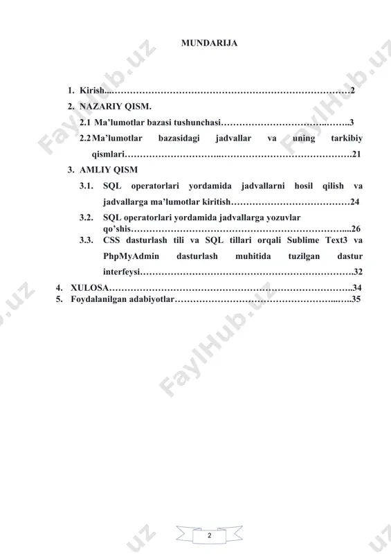 ancha foyda ko’rganini bilish uchun,bir kunlab, bazan ikki kunlab vaqtini ketkazadi.bu sohaga axborot texnologiyalarini kirib kelishi bilan xodimlarning ishi ancha yengillashdi, vaqtini tejadi.natijada xodimlar reklama ishlari bilan mashg’ul bo’lib ko’proq mijoz yig’shadi. nashriyotlarga borib buyurtma berib kelishning ham hojati yo’q. shundoq o’tirgan joyidan ma’lumotlar bazasiga ulangan telefoni yoki komputeri orqali buyurtma berishi va yangi mahsulotlar bilan tanishishi mumkin.nashriyotlarida ishlaovchi yuk yetkazib beruvchi xodimar kutubxonaga yetkazib berishadi.shu kabi qulayliklarni yaratish uchun ma’lumotlar bazalari va dasturlar, ekspert tizimlar ,netron tarmoqlar ishlab chiqishimiz lozim. ii.bob. nazariy qism 2.1.ma’lumotlar bazasi tushunchasi insonning kundalik mеhnat faoliyati tashqi muhit to`g`risidagi axborotlarni qabul qilish va to`plash, turli masalalarni еchish uchun zarur bo`lgan ma'lumotlarni aniqlash, qayta ishlash kabi amallarni bajarish bilan bog`liq bo`ladi. shu sababli, ham yuqoridagi amallar majmuasi, ularni tatbiq etish usullarini vositalari axborot tizimlarini (at) yaratish uchun asos bo`lib xizmat qiladi. axborot tizimlarining asosiy maqsadi foydalanuvchilarni tеgishli sohaga taaluqli bo`lgan axborot bilan ta'minlashiga qaratilgan. ehmlarning yaratilishi …
