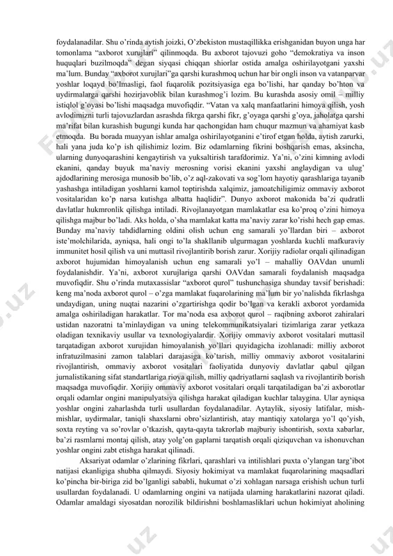 nda avvalo axborot tayyorlash va tarqatilishi arzon, davlat chegaralaridan bemalol o’tib ketaveradi. internet orqali amalga oshiriladigan axborot xurujlarining oldini olish juda mushkul. shundan foydalangan ayrim kimsalar g’arazli maqsadlarini internet orqali amalga oshirishi ommaviy tus olmoqda. ular har tomonlama ma’naviy tahdid qilishga urinmoqdalar. shuni aytish joizki, bugungi kunda ayrim ommaviy axborot vositalari axborot-psixologik urush olib borish vositasiga ham aylanib qolmoqda. xo’sh, axborot urushi o’zi nima? “axborot urushi” iborasining asoschisi fizik olim tomas ron hisoblanadi u 1976 yilda axborotni harbiy kuchlarning eng zaif bo’g’ini deb ta’riflab, ushbu masalaga barcha davlat miqyosidagi mas’ul kishilar e’tiborini qaratdi. shundan buyon bu atamaning ahamiyati kundan kunga kuchayib kelmoqda. ayrim mutaxassislar “axborot urushi”ni shunday ta’riflaydilar: “axborot urushi deb, ijtimoiy, siyosiy, etnik va boshqa tizimlarning moddiy yutuqqa ega bo’lish maqsadida bir-biriga ochiq va yashirin maqsadli axborot ta’sirlarga aytiladi. shu bilan bir qatorda axborot urushini deb yanada raqib ustidan axborot hukmronlikka erishish va shuning evaziga unga moddiy, mafkuraviy yoki …