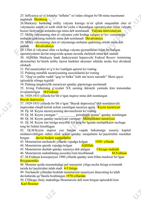 yil 1 yanvar holatiga necha foizni tashkil qiladi 15% 21. pulning vazifalari nechta 22. “banknota” so‘zi inglizchadan tarjimasi qanday mazmunni anglatadi 23. o‘zbekiston respublikasining markaziy banki to‘g‘risida”gi qonunning yangi tahriri qachon qabul qilindi 2019-yil 11- noyabr 24. inflyasiyaga sabab bo‘luvchi asosiy shakllari 25. inflyasiya so‘zi lotincha “inflatio” so‘zidan olingan bo‘lib nima mazmunni anglatadi shishmoq 26.markaziy bankning milliy valyuta kursiga ta’sir qilish maqsadida chet el valyutasini sotish va sotib olish bo‘yicha o‘tkazadigan operatsiyalari bilan valyuta bozori faoliyatiga aralashuviga nima deb nomlanadi valyuta intervensiyasi 27. milliy valyutaning chet el valyutasi yoki boshqa xalqaro to‘lov vositalariga nisbatan qadrining tushishi nima deb nomlanadi devalvatsiya 28. milliy valyutaning chet el valyutasiga nisbatan qadrining ortishi nima deb ataladi revalvaltsiya 29. chet el valyutasi oltin va boshqa valyuta qiymatliklari bilan bo‘ladigan operatsiyalarni davlat miqyosida qonun asosida cheklash nima deb ataladi 30. aqshda markaziy bank funksiyasini bajaruvchi federal rezerv tizimining aksionerlari bo‘lmish milliy tijorat banklari aksioner sifatida necha …
