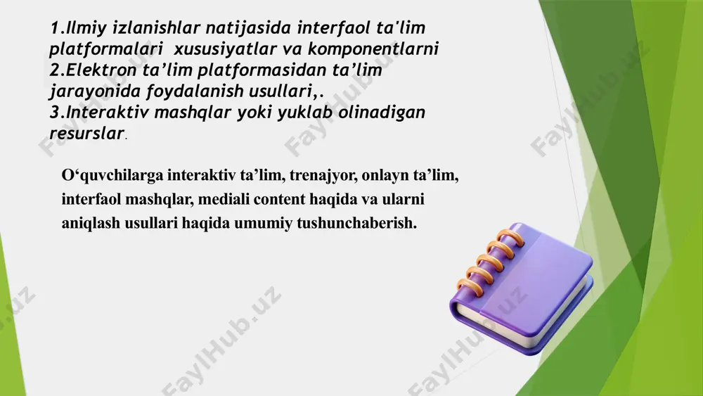 larini yig'ish va interfaol tadbirlarni o'tkazishning qulay usulidir. shaxsiylashtirilgan ta'lim yo'llari ➢ khan academy: khan academy turli fanlar bo'yicha haxsiylashtirilgan darslar va mashqlarni taklif etadi, bu esa o'quvchilarga o'z tezligida o'rganish va yutuqlari haqida fikr-mulohaza olish imkonini beradi. ➢ coursera: coursera universitetlar va tashkilotlardan oʻquvchining qiziqishlari va maqsadlariga mos ravishda moslashtirilishi mumkin boʻlgan turli mavzulardagi onlayn kurslarni taklif etadi. ➢ smart learning suite online: smart learning suite online-bu oʻqituvchilarga oʻquvchilar uchun moslashtirilgan oʻquv materiallari va faoliyatini yaratish hamda ularning taraqqiyotini kuzatish imkonini beruvchi platformadir. ➢ edx: edx - bu universitetlar va tashkilotlarning onlayn kurslariga ega platforma boʻlib, u oʻquvchining qiziqishlari va afzalliklaridan kelib chiqqan holda kurslar va materiallar uchun moslashtirilgan tavsiyalarni taklif etadi. ➢ duolingo: duolingo til oʻrganish platformasi boʻlib, u oʻquvchining darajasi va taraqqiyotiga qarab dars va mashqlarni moslashtiradi. e’tiboringiz uchun rahmat image1.png image2.png image3.png image4.png image5.png image6.png image7.png /docprops/thumbnail.jpeg