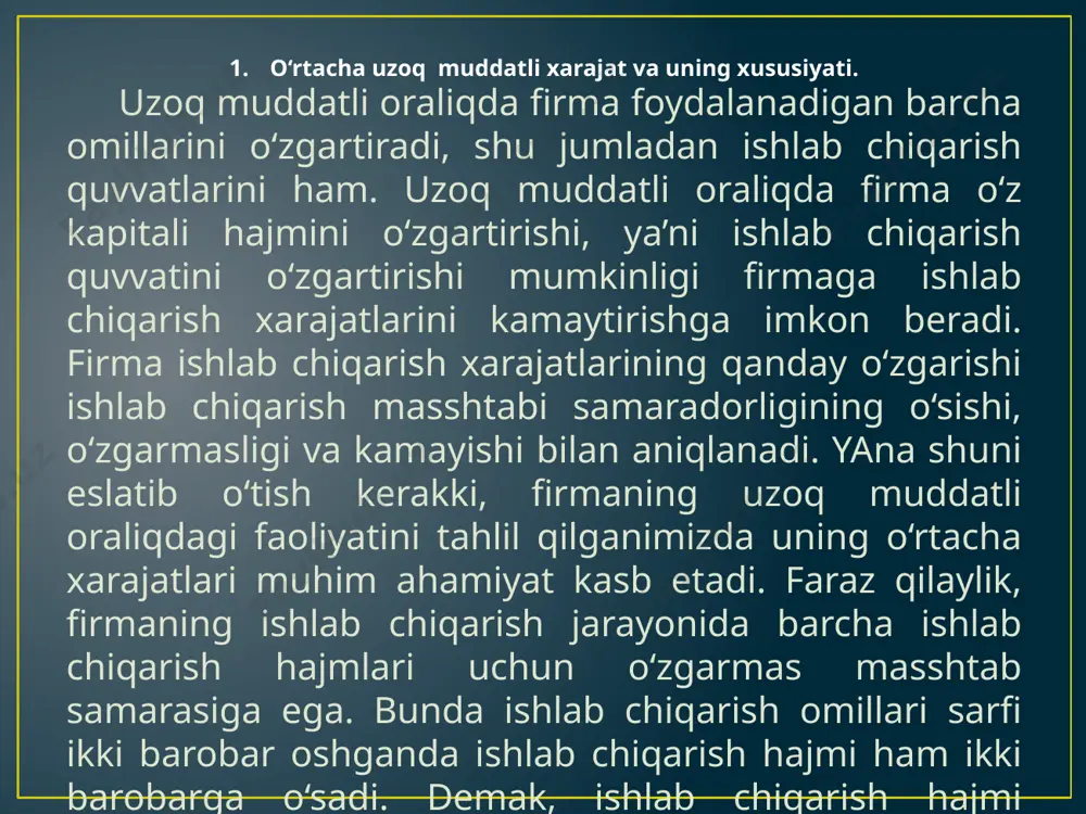 ga nisbatan kamroq xarajat sarflab mahsulot ishlab chiqarishni ta’minlaydigan patentga yoki yangi g‘oyaga ega deylik. bunday holda bu firma uzoq muddatli oraliqda haqiqiy foyda olishi mumkin. boshqa firmalar ishlab chiqarish xarajatlarini kamaytirishni ta’minlaydigan ushbu patentni yoki g‘oyani olmaguncha mahsulotni ishlab chiqarish bilan shug‘ullanmaydi. agar firmalar ushbu patentdan foydalanish huquqini sotib olishsa, firmalarning iqtisodiy foydasi nolga teng bo‘ladi. musbat haqiqiy foyda tarmoqda harakat qilayotgan firmaning qimmatbaho aktivga, yangi texnologiyaga yoki yaxshi tajribaga ega ekanligidan dalolat beradi. bunday holda boshqa firmalar tarmoqqa kirishga jur’at qilolmaydi. musbat iqtisodiy foyda investitsiyalarni tarmoqqa kirishga imoniyat yaratadi va ularni rag‘batlantiradi. 3.xarajatlari o‘sayotgan tarmoq, xarajatlari o‘zgarmas bo‘lgan tarmoq, xarajatlari kamayayotgan tarmoq xarajatlari o‘zgarmas bo‘lgan tarmoq. tarmoqda ishlab chiqarish hajmining o‘sishi foydalaniladigan resurslarning narxiga ta’sir qilmasa, biz yuqorida ko‘rdikki tarmoqning kengayishi va qisqarishi muvozanat narx ga ta’sir qilmaydi. biror sabab bilan (masalan, iste’molchi didining o‘zgarishi) talab oshganda mahsulot narxi oshadi va firma musbat iqtisodiy foyda ola boshlaydi. bu …