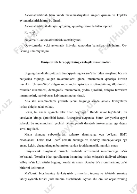 beradi. buning natijasida dunyo okeanlari suv sathining ko‘tarilishi ro‘y berib, ko‘p hududlarni suv bosish xavfi tug‘iladi. ekologik krizis tabiatga keragidan ortiqcha ta’sir ko‘rsatish natijasida tabiiy muvozanatning buzilishi, shuningdek atrof muhitning yo‘l qo‘yilishi mumkin bo‘lgan normadan ko‘p marta ifloslanishi natijasida vujudga keladi. insonnng ishlab chiqarish va boshqa faoliyatining chiqitlari tabiiy yo‘l bilan utillashtirilishi doirasidagi me’yor saqlanar ekan krizis paydo bo‘lmaydi. agar inson atrof-muhitga keragidan ortiqcha ta’sir ko‘rsatar ekan, tabiat bu ta’sirga bardosh berolmaydi, ya’ni bunda qaytarilmaydigan jarayon yuz beradi. shu sababli insonlar o‘zlarining hayoti uchun zarur bo‘ladigan tabiatni buzmasdan yashashni xohlasalar, ular tabiatga ana shu ta’sirlar bilan kurashishida yordam berishlari talab etiladi. ekologik nazariya uchun tabiy resurslarning bitmas-tuganmasligi degan fikrning amalda bo‘lishi ham katta ahamiyat kasb etadi. iqtisodiy faoliyatning tez sur’atlar bilan rivojlanib borishida katta miqdordagi tabiiy resurslar qayta paydo bo‘lish kategoriyasidan, qayta paydo bo‘lmaslik kategoriyasigi o‘tib bormoqda. xx asrning ikkinchi yarmidan boshlab mineral xomashyolarni (neft, gaz, ko‘mir), ya’ni foydali qazilmalarni …