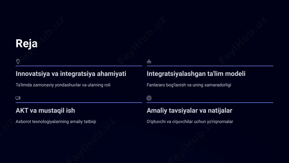 i vaziyatlarda ijodiy yechimlar topishga o'rgatadi va innovatsion yondashuvni rivojlantiradi faollikni oshirish o'qituvchi nazorati ostida o'quvchilarning darsga bo'lgan faolligini sezilarli darajada oshiradi aktdan foydalanish: zamonaviy ta'limning kaliti interaktiv vositalar interaktiv darsliklar, multimedia vositalari yordamida o'quvchilarni faol jalb qilish va qiziqishini oshirish onlayn baholash onlayn testlar, viktorinalar orqali bilimlarni mustahkamlash va darhol natija olish imkoniyati masofaviy ta'lim masofaviy va aralash ta'lim imkoniyatlarini kengaytirish, har qanday joydan o'qish zamonaviy darsxona muhiti interaktiv doska va zamonaviy texnologiyalar yordamida o'qituvchi va o'quvchilar o'rtasida samarali hamkorlik o'rnatiladi. akt yordamida mustaqil ishni tashkil etish usullari elektron materiallar elektron darsliklar va video materiallar asosida topshiriqlar berish, multimedia kontentdan foydalanish onlayn taqdimot o'quvchilarning ijodiy ishlarini onlayn platformalarda taqdim etish va baham ko'rish imkoniyati yaratish virtual hamkorlik guruh va juftlik ishlari uchun virtual muhit yaratish, masofadan birgalikda ishlash ko'nikmalarini rivojlantirish misol: ona tili va tabiat fanlarini integratsiyalashgan mustaqil ish 01 hikoya yozish o'quvchilar tabiat haqida qisqa hikoya yozadilar, o'z …