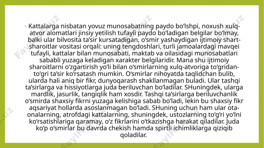 h aqlning boshqa sifatlariga nisbatan osonroq kechadi, buni ko‘proq ularni qiziqtiradigan narsalarga mustaqil ravishda hisob-kitob qilib borishga yo‘llash orqali amalga oshirish mumkin. o‘smirlik davrida diqqat, xotira, tasavvur to‘la mustaqillik kasb etib, endi ularni o‘z ifodasiga ko‘ra boshqara oladigan bo‘ladi. bu davrda qaysi yetakchi funktsiya (diqqatmi, xotirami yoki tasavvur) ustunlik qilayotgani yaqqol namoyon bo‘lib, har bir o‘smir o‘zi uchun ahamiyatliroq bo‘lgan funktsiyani e’tiborga olish imkoniyatiga ega bo‘ladi. ushbu funktsiyalarning rivojlanish xususiyatlarini ko‘rib chiqamiz: agar kichik maktab davrida ixtiyorsiz diqqat ustunlik qilsa, o‘smirlik davrida bola o‘z diqqatini o‘zi boshqara oladi. dars davomida intizomning buzilishi aksariyat hollarda o‘quvchilar diqqatsizligidan emas, balki ijtimoiy sabablar bilan belgilanadi. o‘smir o‘z diqqatini to‘la ravishda o‘zi uchun ahamiyatli bo‘lgan va yuqori natajalarga erishishi mumkin bo‘lgan faoliyatlarga qarata oladi. o‘smirning diqqati yaxshi boshqariladigan va nazorat etiladigan darajada rivojlangan bo‘lishi mumkin. bolaning rivojlanayotgan ixtiyoriy diqqati o‘qituvchi tomonidan doimo qo‘llab-quvvatlanishi juda zarurdir. pedagogik jarayonda ixtiyorsiz diqqatni ixtiyoriy diqqat darajasiga ko‘tarish uchun …