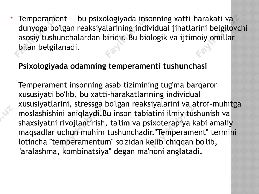 a shaxsiy qadriyatlarning ta'siri ostida shakllanadi. bu insonning boshqalar bilan o'zaro aloqada bo'lishi va qiyinchiliklarga qanday duch kelishini aniqlovchi xulq-atvor va axloqiy xususiyatlar yig'indisidir. u etika, axloqiy me'yorlar, shaxsiy fazilatlar va odatlarni o'z ichiga oladi. temperament turlarining tasnifi tarixi va ularning turlari psixologlar temperament turlarini tasniflash va ularning tabiatini tushuntirishga harakat qilishdi. gumoral nazariya uni qadimgi yunon tabibi, shifokor va faylasufi gippokrat birinchi bo'lib kiritgan va qadimgi rim shifokori, jarrohi va faylasufi galen rivojlantirgan. gumoral konsepsiyaga ko'ra, inson temperamenti tanadagi to'rtta suyuqlikning: qon, balg'am, safro va qora safro muvozanatiga bog'liq. har biri shaxsning turiga mos keladi: sangviniklar (qon) – bu odamlar kirishimli, quvnoq va hayotga optimistik qarashga ega, atrofdagilar bilan muloqot qilish oson. flegmatiklar (balg'am) – tinch, barqaror va inert odamlar. ular muvozanatli va xotirjam xarakterga ega, ortiqcha emotsional ifodalarga moyil emaslar. xoleriklar (safro) – ambitsiyali, energiyali va hukmronlikka moyil. ular tez jahli chiqadigan va aniq yetakchilik fazilatlariga ega. melanxoliklar …