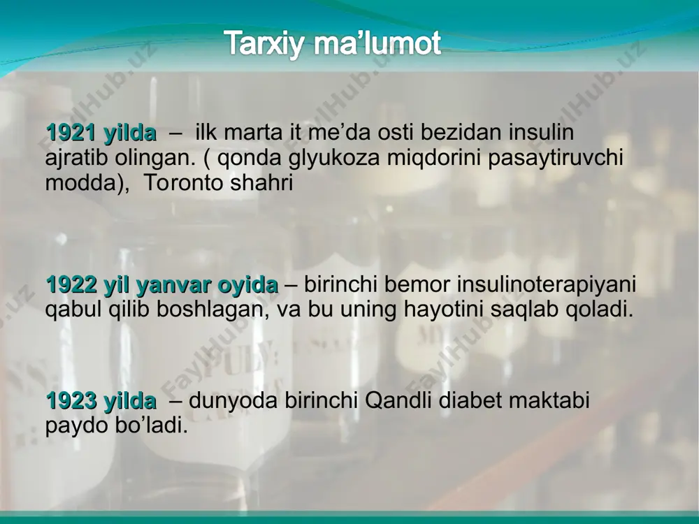 t diagnostika mezonlari * diabetning klinik belgilari polidipsiya – doimiy chanqash polifagiya — doimiy och qolish. bu symptom insulin etishmasligi natijasida hujayraga glyukoza kiraolmaslidan yuzaga keladi, ozish- hujayra ichida glyukoza kirmasligi va energetik almashinuvi buzilishi natijasida oqsillar va yog’lar katobolizmi yuzaga keladi. poliuriya— siydik ajralishi kuchayadi. ko’p miqdorda siydik ajralish kuzatiladi. ko’rish o’kirligi buziladi og’iz qurishi teri va shilliq qavatlari qichishi (vaginal qichishish) umumiy mushaklarda holsizlik, terining yallig’lanish jarayonlari bosh og’rishi siydikda aseton bo’lishi сдyangi aniqlangan qandli diabet klinikasi 1 типа boshlanishi to’satdan , manifest kuchli og’iz qurishi chanqash 1 sutkada 2-3 litr suv ichish 10-15 kg ozish kuchli holsizlik charchash ko’p siddik ajratish 2-4 litrgacha aseton hidi ko’ngil aynish, qayt qilish shovqinli tezlashgan nafas qandli diabet 1 va 2 tip qiyosiy ta’rifi kasallik belgilari qandli diabet 1 tip qandli diabet 2 tip boshlanish yoshi kasallik boshlanishi tashqi ko’rinishi kasallik simptomlari предрасположенность к кетоацидозу diabetik komaga moyillik действие инсулина qonda …