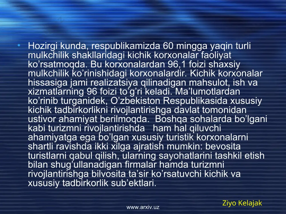 uvchi mahalliy turistlar uchdan bir qismidan ko’prog’ini tashkil etadi. turistik mahsulotning qolgan qismi turli xil diqqatga sazovorliklar va turizm ob’ektlari joylashgan hududlarda istiqomat qiluvchi mahalliy aholi tomonidan iste’mol qilinadi. ko’rinib turganidek, mamlakatimiz turizmi chet ellik sayyohlarning ehtiyojlarini qondirishga qaraganda mahalliy iqtisodiyotining ichki ehtiyojlarini qondirishga nisbatan ko’proq yo’naltirilgan. ziyo kelajak www.arxiv.uz www.arxiv.uz turistik oqimdan foydalanish usullari turizm iqtisodiy munosabatlarda paydo bo`ladigan har qanday nomutanosibliklardan ta'sirlanadi. jahon ijtimoiy hayotida katta voqеa yoki iqtisodiy tizimda muhim o`zgarishlar sodir bo`lishi bilan darhol turizm rivojlanishi holati va dinamikasida aks etadi. masalan, 1998 - yilgi rossiya moliyaviy inqirozi jamiyatni larzaga kеltirdi. osiyo krizisi ushbu hudud turistik bozoriga yomon ta'sir qildi va bundan turizm 10 % ga qisqardi. biror mamlakatdagi moliyaviy tizimning krizisi turistik xizmatlarning to`loviga bo`lgan talabini dеyarli tugatadi. natijada, tashqariga chiqadigan va ichki turizm sohasida turistlar soni yuz martalab kamayadi, haftalab davomida turistik faoliyat dеyarli mavjud bo`lmaydi. ziyo kelajak www.arxiv.uz www.arxiv.uz buxoro. minorai kalon ziyo …