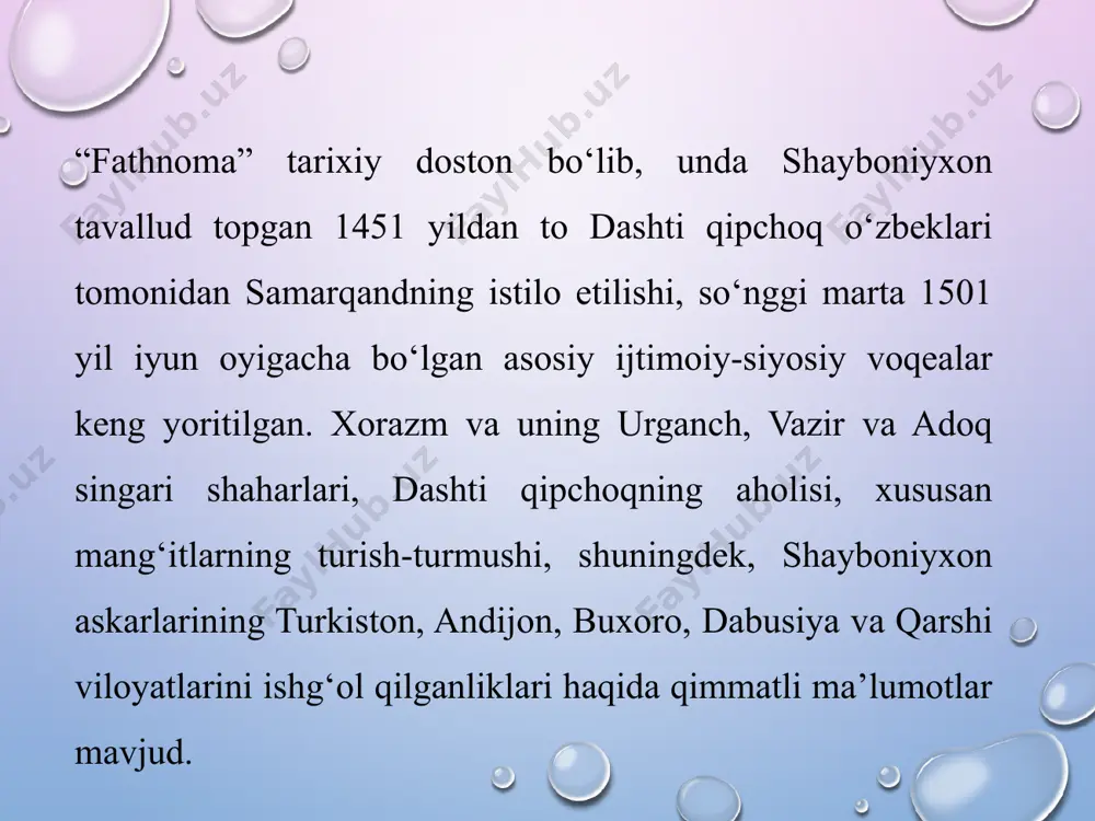 eni 3 yanvar 1501 yilgacha xizmatda bo‘ldi va boy kutubxonasiga mutasaddilik qildi. xondamir o‘zining keng va chuqur ma’lumotliligi, ilm-fanga chanqoqligi va salohiyati bilan ko‘plarning tahsiniga sazovor bo‘ldi. uning haqida alisher navoiyning “majolis un-nafois” tazkirasida mana bularni o‘qiymiz: “mavlono xondamir mirxondning farzandidir va salohiyatli yigitdir. tarix ilmida mahorati bordir...” “tarixi rashidiy” (1544-1546 yillarda kashmirda yozilgan) mashhur asar muallifi boburning kichik xolavachchasi mirzo muhammad haydar bo‘lib, uning ota-bobolari o‘rtubu, po‘lodchi, xudoydod, said ahmad, sonsiz mirzo, muhammad haydar, muhammad husayn turklashgan mo‘g‘ul urug‘laridan dug‘lot (mo‘g‘ulcha “dog‘olot”-cho‘loq) qabilasiga mansubdir. ular mo‘g‘uliston xonlari, chig‘atoylar davrida ulusbegi, koshg‘ar hokimi lavozimida turganlar. olimning otasi amir muhammad husayn bir vaqtlar andijonda umarshayx mirzo, so‘ngra toshkent hokimi sulton mahmudxon (1487-1508 yy.) xizmatida bo‘lgan. u 1495-1503 yillari ana shu sulton mahmudxon nomidan o‘ratepani idora qilgan. “tarixi rashidiy” abdullanoma” yoki “sharafnomayi shohiy” “abdullanoma” yoki “sharafnomayi shohiy” asarining ijodkori xvi asrda o‘tgan buxorolik shoir va yirik tarixchi olim hofiz tanish buxoriydir. u …