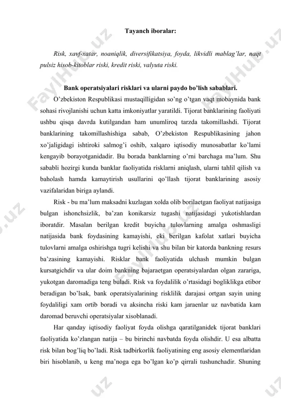 kam daromad beruvchi operatsiyalar xisoblanadi. har qanday iqtisodiy faoliyat foyda olishga qaratilganidek tijorat banklari faoliyatida ko’zlangan natija – bu birinchi navbatda foyda olishdir. u esa albatta risk bilan bog’liq bo’ladi. risk tadbirkorlik faoliyatining eng asosiy elementlaridan biri hisoblanib, u keng ma’noga ega bo’lgan ko’p qirrali tushunchadir. shuning uchun bank faoliyatining samaradorligiga erishish, uning moliyaviy barqarorligini ta’minlash uchun iqtisodiyotdagi mavjud risklar, ularning bank faoliyatiga ta’sir qilish tomonlarini chuqur o’rganib chiqish zarur. riskni yuzaga kelish tarixini insonni paydo bo’lishi bilan bog’lash mumkin yoki inson hayotini ma’lum bir qismi deb izohlash mumkin. rus olimi a.p. algin riskni yuzaga kelishini shunday izohlab o’tadi, “risk-shunday umumlashgan hodisaki u inson tsivilizatsiya jarayonini rivojlanishi bilan chambarchas bog’liqdir”-deydi.108 bu jumla ko’pgina munozarali ko’rinsada, ammo haqiqatdan to’g’ri yondoshadigan bo’lsak hayotiy har tomonlama eng sodda yo’l bilan asoslab berilgan. riskni nazariy jihatdan sodir bo’lish jarayonini aniqlash juda murakkab, chunki bu jarayon birinchidan, risk to’g’risidagi tushunchalar umumlashtirilayotgan bo’lsa, ikkinchidan riskni alohida …