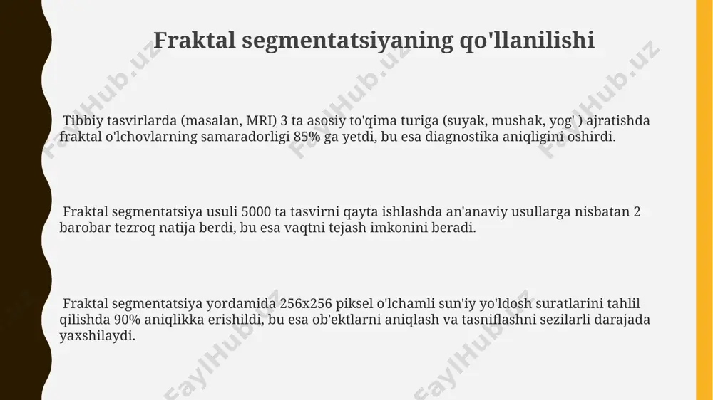 tlarini 4 ta asosiy sinfga (o'rmon, suv, shahar, cho'l) ajratishda 90% aniqlikka erishildi, bu an'anaviy usullar bilan solishtirganda 15% ga yaxshilanishni ko'rsatadi. fraktal geometriyasi asoslari fraktal geometriyasi o'z-o'zini takrorlash xususiyatiga ega bo'lib, 2, 3 yoki undan yuqori o'lchovli geometrik shakllarni 1,78, 2,5 kabi o'zgaruvchan o'lchamlar bilan tavsiflaydi. fraktal o'lchami butun son bo'lmagan qiymatlarni qabul qilib, oddiy evklid geometriyasidan farqli ravishda murakkab shakllarni aniq tavsiflaydi, masalan, 1,58 yoki 2,33. ko'p fraktal shakllar, masalan, barnsli fern yoki mandelbrot to'plami, iteratsion funksiyalar tizimi (ifs) yordamida hosil qilinadi va ularning tuzilishi chegarasiz darajada takrorlanadi. e'tiboringiz uchun rahmat @taqdimot_robot