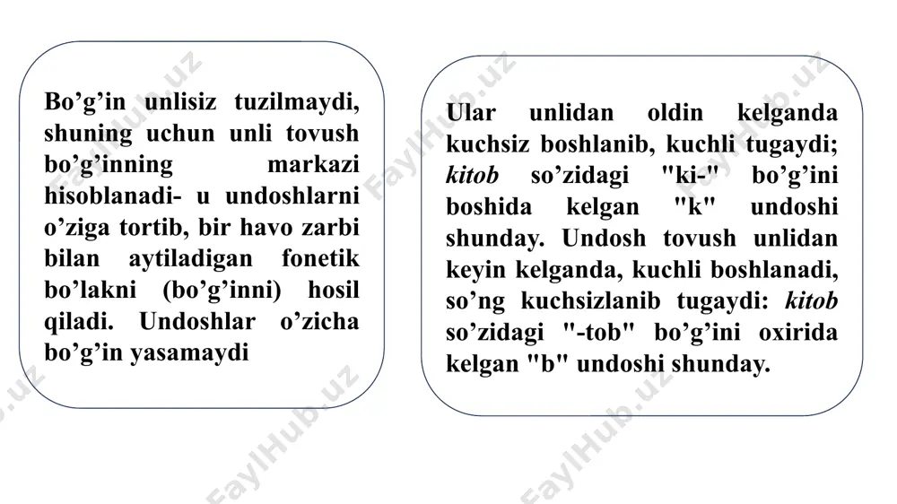kabi. ►atoqli ot tarkibiga kiradigan raqam nomi ajratilgan holda keyingi satrga ko‘chirilmaydi: „navro‘z–92” (festival), „o‘qituvchi–91” (ko‘rik-tanlov), „andijon–9”, „termiz–16” (g‘o‘za navi), „boing–767” (samolyot), „foton–774” (televizor) kabi. ►a.j.jabborov, a.d.abduvaliyev kabilarda ismning va ota ismining birinchi harfiga teng qisqartmalar familiyadan ajratib ko‘chirilmaydi. shuningdek, v.b. (va boshqalar), sh.k. (shu kabilar) singari harfiy oldingi so‘zdan ajratib ko‘chirilmaydi. ko‘chirish qoidasi 17 urg’u so’z tarkibidagi bo’g’inlardan birining boshqasiga nisbatan kuchliroq ovoz bilan aytilishi yoki gaplardagi ayrim bo’laklarning, nutq oqimidagi ayrim frazalarning maxsus ohang bilan ta’kidlanishidir. urg’u muayyan til fonetik-fonologik tizimining supersegment birligi sanaladi. tilning qaysi sathidagi birliklarga aloqador bo’lishiga ko’ra urg’uning quyidagi tiplari o’zaro farqlanadi: 1) so’z urg’usi; 2) sintagma urg’usi; 3) ayiruv (ta’kidlov) urg’usi. so’z urg’usi bevosita so’zga aloqador bo’lgan, so’z tarkibidagi bo’g’inlardan biriga tushadigan urg’udir. fonetik tabiatiga, tushadigan o’rniga va harakat qilish belgisiga ko’ra so’z urg’usi har xil bo’ladi. fonetik tabiatiga ko’ra so’z urg’usi tonik (musiqiy) tipik ottenkali dinamik kvantitativ a)dinamik urg’u (zarb urg’usi). urg’uning …