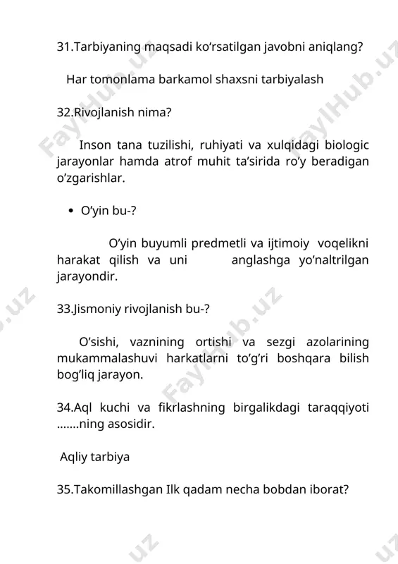 ’risidagi ” qonun 78.…..-atrofdagi olamni ongli ravishda idrok qilish va olingan bilim, ko‘nikma, malaka va qadriyatlardan o‘quv va amaliy vazifalarni hal qilish uchun foydalanish. ushbu tarif qaysi tushunchaga xos? bilish kompetensiyasi 79.bilish kompetensiyasiga qaysi qatorda to‘g‘ri tarif keltirilgan. atrofdagi olamni ongli ravishda idrok qilish va olingan bilim, ko‘nikma, malaka va qadriyatlardan o‘quv va amaliy vazifalarni hal qilish uchun foydalanish. 80.bolaning rivojlanish sohalari kompetensiyalari nechta? 5 ta 81.bolaning birinchi rivojlanish sohasi kompetensiyasi qaysi qatorda to‘g‘ri keltirilgan? “jismoniy rivojlanish va sog’lom turmush tarzini shakllantirish” sohasi kompetensiyalari 82.bolaning ikkinchi rivojlanish sohasi kompetensiyasi qaysi qatorda to‘g‘ri keltirilgan? “ijtimoiy-hissiy rivojlanish” kompetensiyalari 83.bolaning uchinchi rivojlanish sohasi kompetensiyasi qaysi qatorda to‘g‘ri keltirilgan? “nutq, muloqot, o’qish va yozish malakalari” sohasi kompetensiyalari 84.bolaning to‘rtinchi rivojlanish sohasi kompetensiyasi qaysi qatorda to‘g‘ri keltirilgan? “bilish jarayoning rivojlanishi” sohasi kompetensiyasi 85.bolaning beshinchi rivojlanish sohasi kompetensiyasi qaysi qatorda to‘g‘ri keltirilgan? “ ijodiy rivojlanish” sohasi kompetensiyasilari 86.bolaning beshinchi rivojlanish sohasi kompetensiyasining kichik sohasi qaysi qatorda …