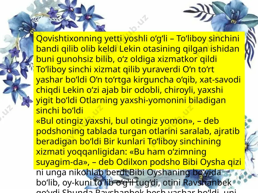 n, bu tushimning ta’birini yo‘ringlar! munajjimlar, ayting, ta’bir ne bo‘ldi? bir chinor elimdan ko‘karib ketdi, g‘alt urib, shoxasi osmonga yetdi, fuqaromning bari soyalab yotdi, qur’a ko‘ring, soyalagan kim bo‘ldi? sochlaringni tol-tol qilib taranglar, bu gaplarni kim ko‘rgandan so‘ranglar! tushi qursin, ta’birlari ko‘p yomon, bu tushimning ta’birini yo‘ringlar! munajjimlar, ayting, ta’bir ne bo‘ldi? yusuf qurandoz javobi bilmaganing bildirayin bilmasang, podshohim, maqsadga yetgin o‘lmasang! bu tushingning ta’birini aytayin, tag‘in-a, ko‘nglingga og‘ir olmasang zimiston ayrilmas tog‘larning qori, tushing qursin, bildim, manglayning sho‘ri! yovmit eldan kepti ikkita bo‘ri: ikkovidan yaxshi farzandlar bo‘lar, qo‘yingni o‘ldirgan bo‘ri – ikkovi boshlaringga necha savdolar solar, fuqarongning ko‘ngli qop-qora bo‘lar tushingning ta’biri shuldir, podshoyim shu birovi elatingga shoh bo‘lar, tushingning ta’biri shuldir, podshoyim! tepangdan sochilgan tillang – qoningdir, og‘zingdan uchgan qush – joningdi(r), qulagan imorat – sening taningdi(r), tushing qursin, ta’birlari shu bo‘ldi! yusuf qurandoz javobi ko‘chalarga yaxshi raislar qo‘yar, masjid-madrasa elingda qilar, lashkariy qomatni joriy qilib, barcha odam …