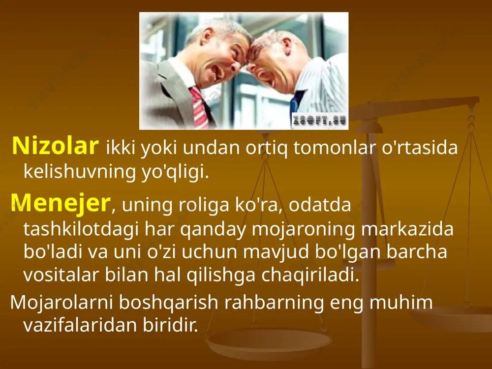 isfunksional bo'lib qoladi. disfunktsional ziddiyatxodimlarning shaxsiy qoniqishini, guruh hamkorligi samaradorligini pasayishiga olib keladi, munosabatlarda dushmanlik, resurslarni taqsimlashda adolatsizlikka olib keladi va ularni tomonlardan birining foydasiga o'z xohishiga qarshi harakat qilishga majbur qiladi. e'tiboringiz uchun rahmat image1.png image2.jpeg