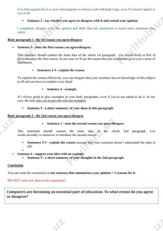 levant examples · sentence 5 - a short summary of your ideas in this paragraph: body paragraph 2 - the 2nd reason you agree/disagree · sentence 1 - state the second reason you agree/disagree. this statement should contain the main idea of the whole 2nd paragraph. use words secondly or moreover to introduce the second reason: · sentences 2-3 - explain the reason (assume that your examiner doesn’t understand the topic at all): · · sentence 4 - support your idea with an example: · sentence 5 - a short summary of your thoughts in the 2nd paragraph. conclusion you can write the conclusion in one sentence that summarizes your opinion + 2 reasons for it: do not write new ideas in the conclusion! computers are becoming an essential part of education. to what extent do you agree or disagree? computers are becoming an essential part of education. to what …