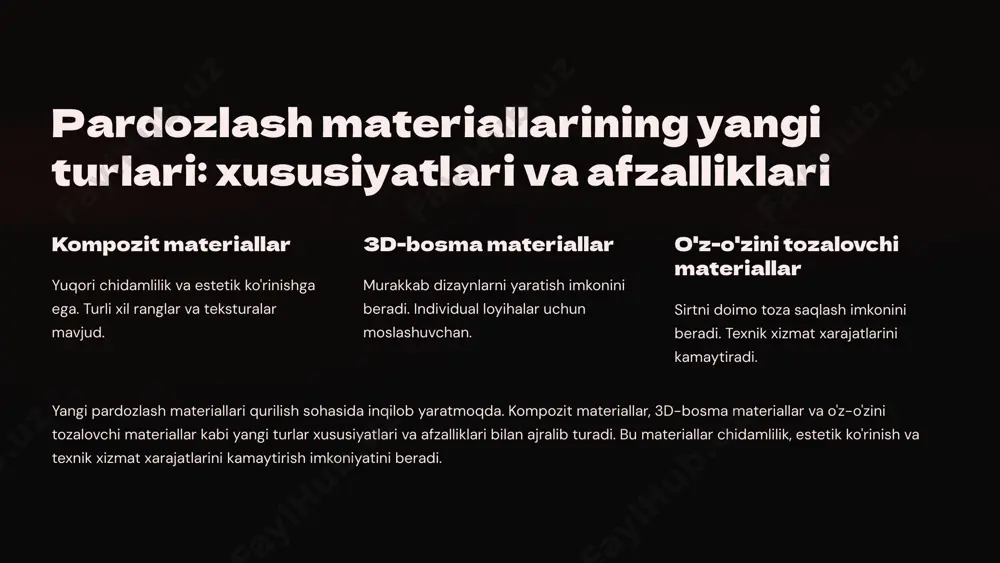 olatsiya va o'z-o'zini yig'uvchi materiallar kabi yangi yechimlar materiallarning xususiyatlarini yaxshilash, chidamlilikni oshirish va texnik xizmat xarajatlarini kamaytirish imkonini beradi. 8 materiallarning chidamliligi va uzoq muddat xizmat qilishi yuqori sifatli xom ashyo chidamlilikni ta'minlashning asosi. zamonaviy ishlab chiqarish texnologiyalari materiallarning optimal xususiyatlarini ta'minlash. sifat nazorati har bir partiyaning yuqori standartlarga javob berishini ta'minlash. materiallarning chidamliligi va uzoq muddat xizmat qilishi qurilishning muhim omilidir. yuqori sifatli xom ashyo, zamonaviy ishlab chiqarish texnologiyalari va sifat nazorati materiallarning optimal xususiyatlarini ta'minlaydi va uzoq muddat xizmat qilishini kafolatlaydi. bu esa qurilish xarajatlarini kamaytirish va binolarning ishonchliligini oshirish imkonini beradi. 9 materiallar ishlab chiqarishda energiya tejamkorligi kam energiya sarfi ishlab chiqarish jarayonida energiyani tejash. 1 qayta tiklanadigan energiya manbalari quyosh, shamol va suv energiyasidan foydalanish. 2 optimallashtirilgan logistika transport xarajatlarini kamaytirish va energiya sarfini tejash. 3 materiallar ishlab chiqarishda energiya tejamkorligi atrof-muhitga ta'sirni kamaytirish va xarajatlarni optimallashtirishning muhim omilidir. kam energiya sarfi, qayta tiklanadigan energiya …