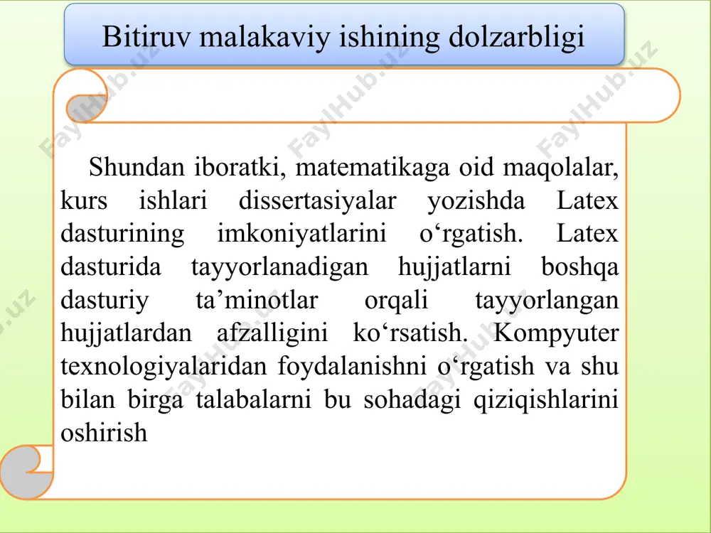 ishlab chiqish jarayoni. bitiruv malakaviy ishi predmeti. o‘qituvchilar uchun onlayn vositalardan (nearpod, kahoot!, buncee, admithub va boshqalar) foydalanish mavzusining videodarslarini umumiy elektron resursini ishlab chiqish tizimi bitiruv malakaviy ishining amaliy ahamiyati muhammad al-xorazmiy nomidagi toshkent axborot texnologiyalari universiteti “akt sohasida kasb ta'limi” fakulteti 3-bosqich talabalariga “latexga kirish” fanidan amaliy mashg‘ulotlarni olib borishda ushbu yaratilgan dasturdan foydalanib tashkil etish mumkin. i bob. latex dasturida ishlash va unda ishlashning nazariy asoslari 1.1. latex faniga kirish.tex studio dasturini o‘rnatish 1.2. fayllar va hujjatlar bilan ishlash 1.3. video darslarga qo‘yilgan talablar 8 ii bob. “latex ga kirish” fanidan amaliy mashg‘ulotlarga oid mavzulariga oid video darslar to‘plamini ishlab chiqish elektron resurs uchun video darslarni ishlab chiqish “latex ga kirish” fanidan amaliy mashg‘ulot mavzulariga oid video darslar to‘plamini ishlab chiqish dasturiy taminotning tuzilish sxemasi dasturning dastlabki qismida quyidagilar mavjud dasturning mundarija qismida quyidagilar mavjud dasturning ma’ruza darslar qismida quyidagilar mavjud dasturning video darslar qismida quyidagilar mavjud …