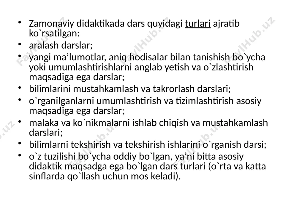 liyat rasional usullarini shakllantirish; mavjud bilimlarni doimo boyitib borish ehtiyojini yuzaga keltirish; har bir darsni puxta loyihalashtirish, rejalashtirish, tashxis va taxmin qilish. har bir dars quyidagi uchta asosiy maqsadga erishishga yo`naltiriladi: o`qitish, tarbiyalash, rivojlantirish. ana shularni hisobga olib darsga umumiy talablar didaktik, tarbiyaviy va rivojlantiruvchi talablarda aniq ifodalanadi. didaktik (yoki ta’lim)iy talablarga har bir darsning ta’lim vazifalarini aniq belgilash, darsni axborotlar bilan boyitish, ijtimoiy va shaxsiy ehtiyojlarni hisobga olish bilan mazmunini optimallashtirish, idrok etish eng yangi texnologiyalarini kiritish, turli xildagi shakli, metodlari va ko`rinishlaridan mos ravishda foydalanish, dars tuzilishini shakllantirishga ijodiy yondoshish, jamoaviy faoliyat usullari bilan birga o`quvchilar mustaqil faoliyatlarini turli shakllaridan birga foydalanish, operativ qayta aloqani ta’minlash, amaliy nazorat va boshqaruvni amalga oshirish, ilmiy mo`ljal va darsni mahorat bilan o`tkazishni ta’minlash kabilar kiradi. darsga nisbatan qo`yiladigan tarbiyaviy talablar o`quv materialining tarbiyaviy imkoniyatlarini aniqlash, darsdagi faoliyat, aniq erishilishi mumkin bo`lgan tarbiyaviy maqsadlarni shakllantirish va qo`yish, faqat o`quv ishlari maqsadlari va …