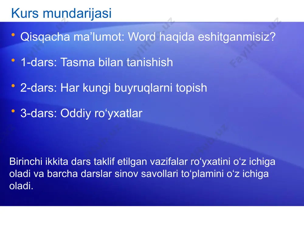 ni o‘zgartirishingiz mumkin. paste uy shrift satr boshi 7 tasmada nima bor? tasmaning uchta qismi bilan tanishish sizga undan qanday qilib foydalanishni tushunishga yordam beradi. ular ilovalar, guruhlar va buyruqlardir. ilovalar: tasma yuqorisida yettita asosiy ilova mavjud. har biri faoliyat maydoniga ega. guruhlar: har bir ilova mos keluvchi elementlarni birga ko‘rsatadigan bir necha guruhlarga ega. buyruqlar: buyruq – tugma, menyu yoki ma’lumot kiritishingiz mumkin bo‘lgan oyna. uy shrift satr boshi 8 ilovadagi har bir narsa foydalanuvchi harakatlariga muvofiq sinchkovlik bilan tanlangan. masalan, uy ilovasi eng ko‘p foydalaniladigan barcha narsalarni o‘z ichiga olgan, bularga misol qilib matn shriftini o‘zgartirishga mo‘ljallangan shrift guruhidagi shrift, shrift o‘lchami, quyuq, kursiv va boshqa buyruqlarni olish mumkin. guruhlardagi dialog oynasini ochuvchilar ba’zi guruhlar dialog oynasini ochuvchi deb ataladigan quyi-o‘ngga qaratilgan kichkina diagonal milga ega. shu guruhga tegishli ko‘proq parametrlarni ko‘rish uchun uni cherting. ular wordning avvalgi versiyalaridan sizga tanish bo‘lgan ko‘rinishdagi dialog oynasi yoki vazifalar panelida …