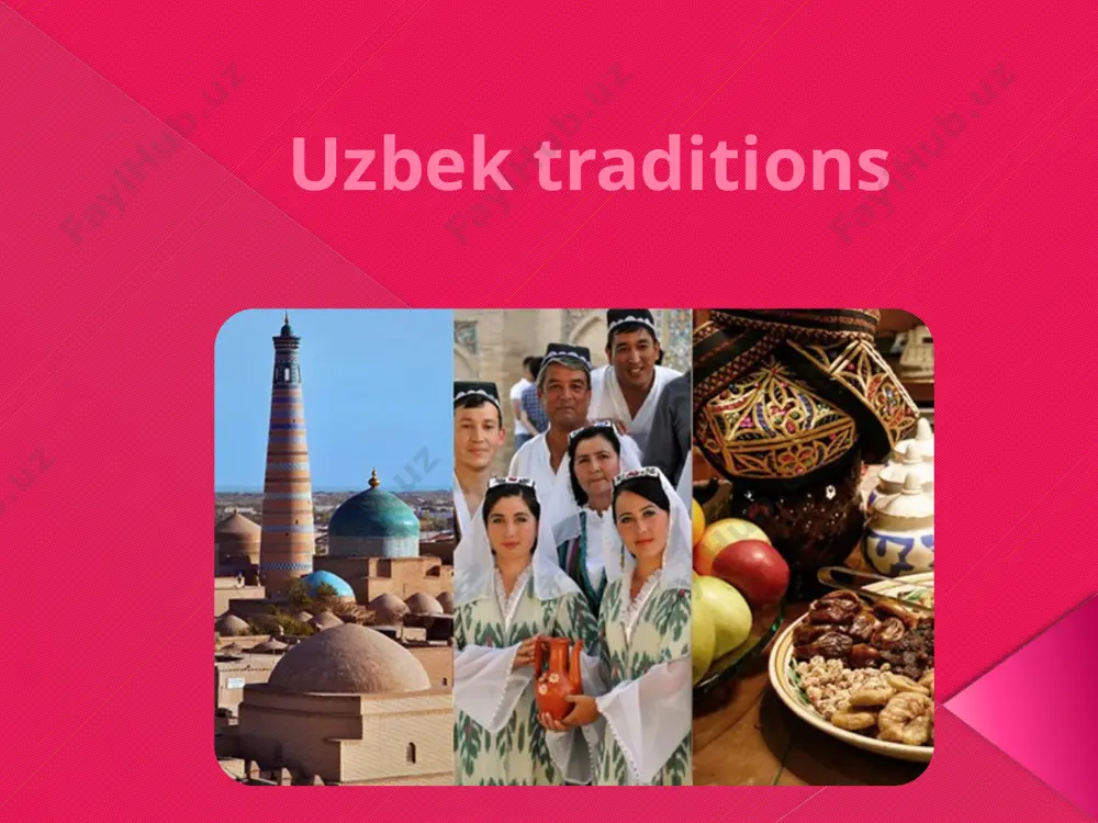 t and diverse, and stem from patriarchal relationships. most of the traditions are related to family life and are related to the birth and upbringing of a child (cradle wedding, circumcision), marriage (blessing wedding, wedding). often they show the integration of islamic traditions into even more ancient forms related to the practice of magic. since the adoption of islam, many family and household customs have changed under its influence, muslim rituals have entered the life of uzbeks. friday is considered a holiday, and on this day, the general prayer (dua) is read in all mosques. patriarchal traditions are still alive in mosques, teahouses, markets and social life where only men participate. cradle wedding is a ceremonial holiday, which is connected with putting a baby in a cradle for the first time. this is one of the most ancient and widespread ceremonies in uzbekistan. usually, this wedding is held on the …