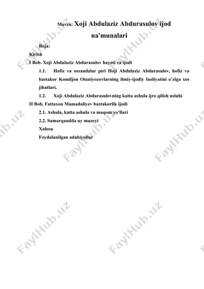 xoji abdulaziz abdurasulov ijod namunalariga bag‘ishlangan taqdimot — DOCX