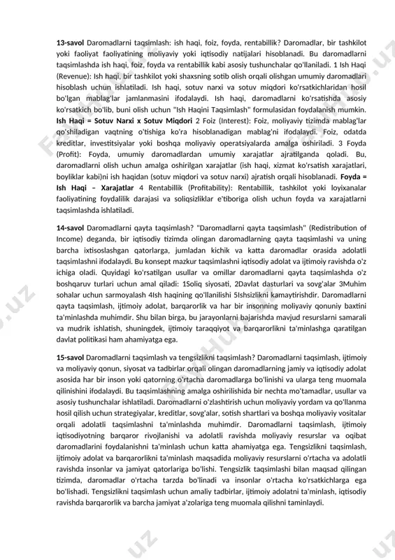vidual talabga iste'molchining daromadi, imtiyozlari, tegishli tovarlarning narxi va kelajakka bo'lgan umidlari kabi omillar ta'sir qiladi. ushbu omillar o'zgarganda, ma'lum bir tovar yoki xizmatga individual talab egri chizig'i o'zgaradi. ishlab chiqarish nazariyasi - bu firmalar qancha tovar yoki xizmat ishlab chiqarish va ishlab chiqarish jarayonida qanday ma'lumotlar kombinatsiyasidan foydalanish to'g'risida qaror qabul qilishlarini o'rganadi. bu firmalar tovar va xizmatlarni eng samarali ishlab chiqarish orqali o'z foydalarini maksimal darajada oshirishni maqsad qilgan degan taxminga asoslanadi. ishlab chiqarish nazariyasidagi asosiy tushunchalar qatoriga ishlab chiqarish funktsiyasi kiradi, u ishlab chiqarish resurslari (mehnat, kapital va texnologiya kabi) va mahsulot (ishlab chiqarilgan tovarlar va xizmatlar) o'rtasidagi munosabatlarni tavsiflaydi; jami, o'rtacha va marjinal mahsulot, bu har bir kirishning unumdorligini o'lchaydi. 8-savol ishlab chiqarish xarajatlari? ishlab chiqarish nazariyasida ishlab chiqarish xarajatlari firmalar uchun asosiy e’tibor hisoblanadi. ishlab chiqarish xarajatlari aniq xarajatlarni o'z ichiga oladi, ular firma tomonidan mahsulot va xizmatlar ishlab chiqarish uchun qilingan haqiqiy xarajatlar (masalan, …