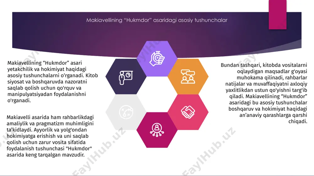yosiy asarlar bilan solishtirish makiavellining “hukmdor” asari boshqa siyosiy asarlardan hokimiyatni qo‘lga kiritish va uni saqlab qolishning amaliy vositalariga urg‘u berish bilan ajralib turadigan siyosiy asardir. boshqa siyosiy asarlardan farqli o‘laroq, “hukmdor”da hukmronlik qilish uchun zarur vositalar sifatida kuch ishlatish va aldashga e’tibor qaratilgan. makiavellining “hukmdor” asari an’anaviy axloq tushunchalariga qarshi chiqadi va siyosatga pragmatik yondashish tarafdori. makiavellining “hukmdor” asari butun dunyo bo‘ylab siyosiy yetakchilar va mutafakkirlarga ta’sir o‘tkazishda davom etuvchi abadiy asardir. kitobda hokimiyatning tabiati, uni saqlab qolishning ahamiyati hamda samarali boshqaruv uchun zarur bo‘lgan taktika va strategiyalar o‘rganiladi. makiavellining “hukmdor” asarining abadiy merosi makiavellining yetakchilik, ayyorlik va diplomatiya haqidagi g‘oyalari dolzarb bo‘lib qolmoqda, bu esa “hukmdor”ni mansabdor shaxslar uchun doimiy qo‘llanmaga aylantiradi. e'tiboringiz uchun rahmat image1.jpeg