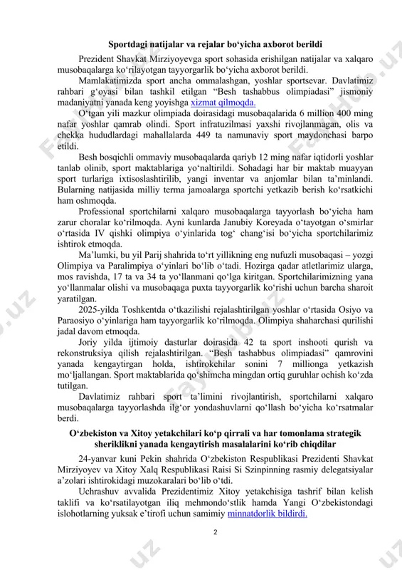 iladi. tibbiyot yo‘nalishidagi talabalar bilimini xalqaro tan olingan tizim asosida, ikki bosqichda davlat imtihonlari orqali baholash yo‘lga qo‘yiladi. kelgusi o‘quv yilidan boshlab, hududlardagi ehtiyojdan kelib chiqib, tibbiyot oliygohlarining 200 nafar bitiruvchisi magistratura va klinik ordinatura dasturlari asosida yetakchi xorijiy ta’lim muassasalarida o‘qitiladi. shuningdek, ixtisoslashtirilgan xirurgiya, kardiologiya, endokrinologiya, dermatovenerologiya va kosmetologiya markazlari, bolalar milliy tibbiyot markazi hamda milliy tibbiyot markazi xalqaro akkreditatsiyadan o‘tkaziladi. joriy yilda amaldagi 40 ta sanitariya qoida va normalari qayta ko‘rib chiqilib, xalqaro standartlarga muvofiqlashtiriladi. davlatimiz rahbari bu takliflarni ma’qullab, mazkur ustuvor yo‘nalishlarni amalga oshirish bo‘yicha “yo‘l xaritasi”ni tasdiqlash bo‘yicha topshiriq berdi. sportdagi natijalar va rejalar bo‘yicha axborot berildi prezident shavkat mirziyoyevga sport sohasida erishilgan natijalar va xalqaro musobaqalarga ko‘rilayotgan tayyorgarlik bo‘yicha axborot berildi. mamlakatimizda sport ancha ommalashgan, yoshlar sportsevar. davlatimiz rahbari g‘oyasi bilan tashkil etilgan “besh tashabbus olimpiadasi” jismoniy madaniyatni yanada keng yoyishga xizmat qilmoqda. o‘tgan yili mazkur olimpiada doirasidagi musobaqalarida 6 million 400 ming nafar yoshlar …