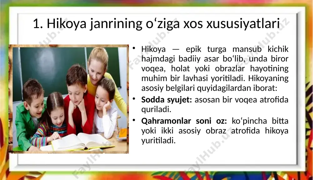 a haqida slaydli tahlil tayyorlash topshirig‘i berish. bahs-munozara: hikoyadagi qahramon xatti-harakatlariga ijobiy yoki salbiy munosabat bildirish. ushbu yondashuvlar o‘quvchilarning tanqidiy fikrlash, nutq madaniyati, ijodiy izlanish ko‘nikmalarini rivojlantiradi. xulosa hikoya matnini tahlil qilish — adabiy o‘quv jarayonining muhim jihatlaridan biridir. u o‘quvchini matn bilan mustaqil ishlashga, badiiy-estetik didini oshirishga undaydi. pedagogik texnologiyalar yordamida hikoya tahlili samarali tashkil etilsa, o‘quvchi nafaqat adabiyot darsida, balki hayotda ham fikrlovchi, tahlil qiluvchi shaxs sifatida shakllanadi. foydalanilgan adabiyotlar qodirova d. – adabiy tahlil asoslari. – toshkent: o‘qituvchi, 2022. to‘xtasinova g‘. – adabiyot darslarida metodik yondashuvlar. – samarqand, 2021. yusupova z. – badiiy matn ustida ishlash usullari. – “ma’rifat” gazetasi, 2023, №14. www.ziyonet.uz – respublika ta’lim portali, 2024 yil elektron resurslari. image2.jpeg image3.jpeg image4.jpeg image1.png /docprops/thumbnail.jpeg