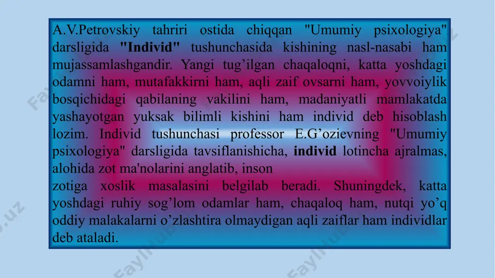 irish imkoniga ham egadir. 3.individuallik - har qanday insonning betakror, o’ziga xos xususiyatlarga egadir. shaxsning o’ziga xos qirralarining mujassam-lashuvi individuallikni vujudga keltiradi. individuallik shaxsning intellektual, emosional va irodaviy sohalarida namoyon bo’ladi. 2.shaxs mehnat tufayli hayvonot olamidan ajralib chiqqan. jamiyatda rivojlanuvchi til yordami bilan boshqa kishilar bilan (muloqot) muomalaga kirishuvchi odam shaxsga aylanadi. ijtimoiy mohiyati shaxsning asosiy tavsifi hisoblanadi. sobiq sovet psixologiyasida shaxs tuzilishiga doir qator manbalar keltirilgan. jumladan, s.l.rubinshteyn bo’yicha shaxs tuzilishi quyidagi ko’rinishga ega: 1.yo’nalganlik - ehtiyojlar, qiziqishlar, ideallar, e'tiqodlar faoliyat va xulqning ustuvor motivlari hamda dunyoqarashlarda ifodalanadi. 2.bilimlar, ko’nikmalar, malakalar - hayot va faoliyat jarayonida egallanadi. 3.individual tipologik xususiyatlar - temperament, xarakter, qobiliyatlarda aks etadi. yunalganlik bilim, ko'nikma, malaka individual psixologik xususiyatlar ehtiyoj, qiziqish, ideal faoliyatdagi yetakchi motiv, xulq-atvor va dunyoqarash ishonchni yuzaga kelishi bilish faoliyati va hayot jarayonida egallanadi qobiliyat, xarakter, temperament shaxsning o'zi uchun qimmatli va yoqimli bўlgan muayyan narsa va hodisaarga munosabatini aks ettiradi. mazmuni …