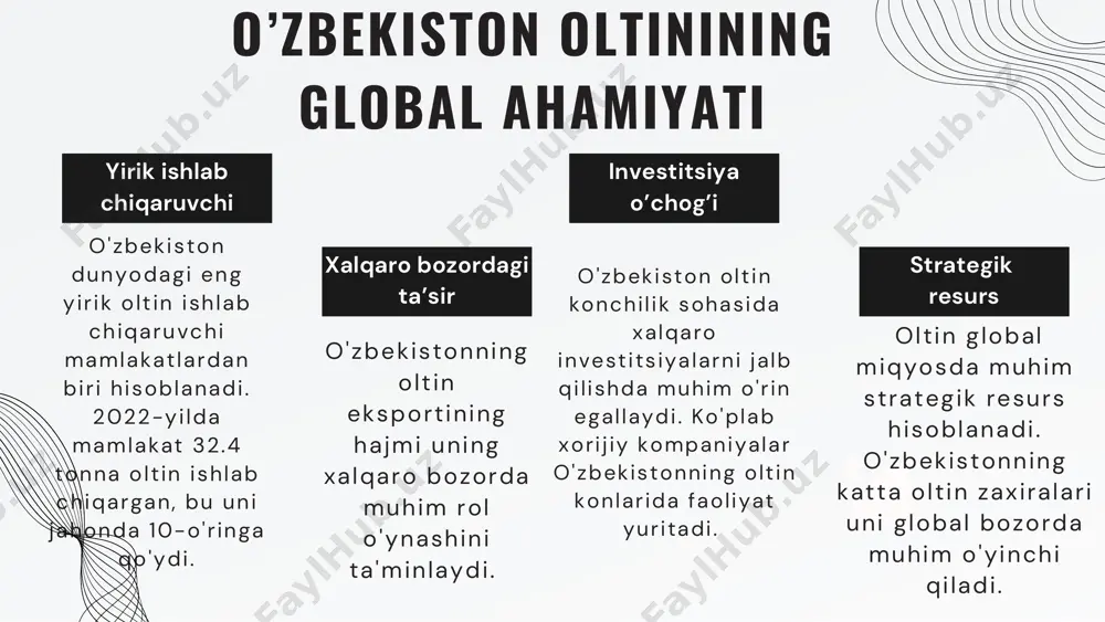 ga hissa qo'shadi . • mahalliy jamoalarga yordam berish: o'z faoliyatini amalga oshirayotgan hududlarning ijtimoiy va iqtisodiy rivojlanishiga yordam beradi . «navoiy kon-metallurgiya kombinati» aj («nkmk» aj) jahonda oltin ishlab chiqaruvchi yirik kompaniyalar to‘rttaligiga kiradi. kombinat yer osti boyliklari zaxiralarini geologik qidirish, qazib olish va qayta ishlashdan to tayyor mahsulot olishgacha bo‘lgan ishlab chiqarish jarayonlari to‘liq amalga oshiriladigan sanoat klasteridir. «nkmk» ajning «999,9» soflikdagi oltin quymalari jahonning qimmatbaho metallar bo‘yicha birjalarida o‘zbekistonning brendiga aylandi. nkmk: boy resurslar va zamonaviy texnologiyalar navoiy kon-metallurgiya kombinati tarkibida 12 ta yirik kon, 8 ta zavod va 2 ta uyumda eritmaga o‘tkazish sexi hamda keng resurs bazasiga ega dunyodagi eng yirik «muruntov» oltin koni mavjud. oltin zaxiralari bo‘yicha «muruntov» koni dunyoda eng yirik konlardan biridir. «kitco» tahlil markazi sarhisobiga ko‘ra, «muruntov» koni 2020, 2021-yillarda ketma-ket ikki marotaba oltin qazib olish bo‘yicha jahonda yetakchi sifatida tan olingan. litsenziyalar qidiruv va baholash litsenziyasi: oltin konlarini qidirish va …