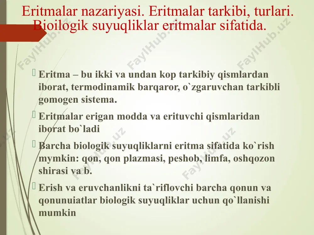 ya) eritmaning qaynash haroratini toza erituvchiga nisbatan ko`tarilishi erigan moddaning molyal konsentratsiyasiga to`g`ri proporsional eritmalar muzlash haroratining pasayishi eritmalarning kolligativ hossalari dan biri raulning 2-qonuni (krioskopiya) eritmaning muzlash haroratini toza erituvchiga nisbatan pasayishi erigan moddaning molyal konsentratsiyasiga to`g`ri proporsional nazariy qism nazorati uchun savollar eritmalarga ta`rif bering elektrolit va noelektrolitlarning suvda erishi qanday omillarga bog`liq? biologik suyuqliklarni eritma sifatida nomlab bering gazlarni suvda eruvchanligi qanday omillarga bog`liq? genri qonunini ta`riflang genri-dalton qonunini ta`riflang sechenov qonunini ta`riflang eritmalarning kolligativ hossalarini sanab bering osmos va osmotik bosimga ta`rif bering vant-goff qonunini ta`riflang raulning 1-chi qonunini ta`riflang raulning 2-chi qonunini ta`riflang ebulioskopiya va krioskopiya usullari nimani aniqlaydi? e’tiboringiz uchun raxmat image2.jpeg image3.jpeg image4.jpeg image5.png image6.png image7.png image8.png image9.png image1.jpeg /docprops/thumbnail.jpeg