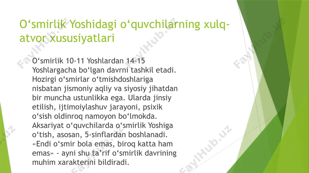 oddiy kuzatish yo‘li bilan ham osongina ko‘rish mumkin. o‘smirlik davri «o‘tish davri», »krizis davr», «qiyin davr» kabi nomlarni olgan psixologik ko‘rinishlari bilan xarakterlanadi. chunki, bu yoshdagi o‘smirlarning xatti-harakatida muqobil, yangi sharoitlarda o‘z o‘rnini topa olmaganligidan psixik portlash hollari ham kuzatiladi kichik maktab davridan so‘ng bola alohida olingan shaxs sifatida o‘z-o‘ziga munosabatini shakllantirish jarayonida asosan ikki bosqichni boshidan kechiradi. bu bosqichlar o‘smirlik yoshini ikki xil davrga – kichik o‘smirlik davri va katta o‘smirlik davrlariga to‘g‘ri keladi. birinchi bosqichda o‘smir o‘zini ”bola”lardan ajratib, endi o‘zini kattalar olamiga mansubligini ta’kidlamoqchidek bo‘ladi. kattalar hayotiga kirishga qiziqish o‘smirlarning asosiy xarakteristikalari hisoblanadi. bu davr uchun kattalarning xatti-harakatlariga taqlid qilish va o‘zining mana shu yarashmagan qiliqlariga tanqidiy baho bera olmaslik, uning katta yoshli kishilarga yaqin bo‘lishi, yordam berayotgan bir guruh tengdoshlari bilan ortiq darajada bog‘liq bo‘lib qolishi va shu singari holatlar xarakterlidir. ikkinchi bosqichda o‘smir endi o‘zining yosh bola emasligiga shubha qilmaydi va o‘zligini aniq anglay boshlaydi, …