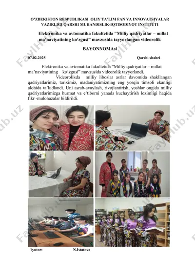 videorolik "milliy qadriyatlar – millat maʼnaviyatining koʻzgusi" — DOCX