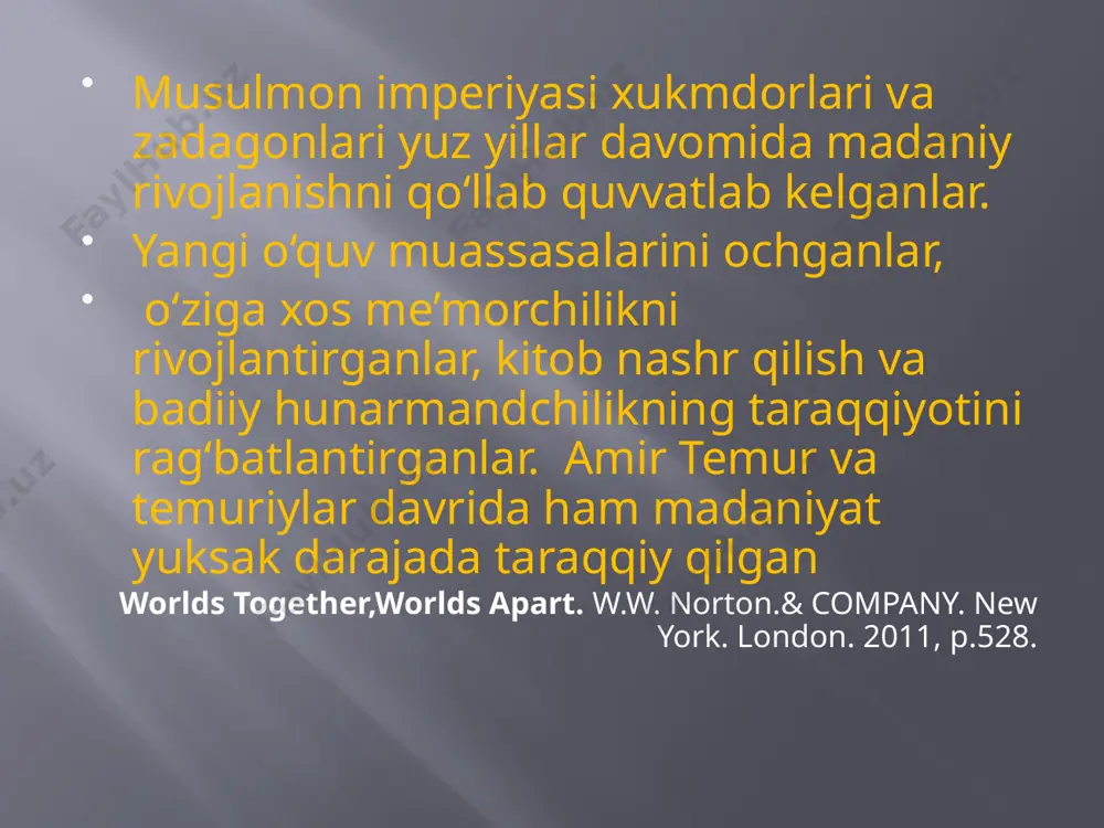 ciyasi jihatdan ikkiga bo’linadi: bir xonali va ko’p xonali binolar. bir xonali maqbalarning ikki turi bo’lib, ularning biri chortoq ko’rinishidagi bino bo’lib, ularning to’rt tarafi ham bir xilda quriladi. (ruxobod maqbarasi), ikkinchisi esa, gumbazli–peshtoqli binolar bo’lib, ularning kirish qismi mahobatli peshtoq quriladi (sulton saodat, shamsiddin kulol va bq.maqbaralar). ularning go’rxonalari ko’pincha er ostida bo’ladi. ko’p xonali maqbaralar ham turli murakkab ko’rinishlarda bo’lib, ularda qozonxona, go’rxona, masjid, kitobxona, quduqxona va turli xonalardan iborat bo’lgan (shohi zinda, axmad yassaviy va bq.maqbaralar). shohi zinda shohi zinda amir temir haykali image2.jpeg image3.png image4.png image5.jpeg image6.png image7.png image8.png image9.png image10.png image11.jpeg image12.jpeg image13.jpeg /docprops/thumbnail.jpeg