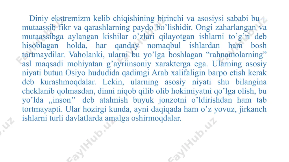 ikni jalb etgan holda tushuntirish-profilaktika ishlarini tizimli tashkil qilish, ularni maxsus ro'yxatdan chiqarish bo'yicha mexanizm yaratildi. mazkur mexanizmning samarasi sifatida aqidaparastlik g'oyalari ta'siriga tushgan 16 mingdan ziyod fuqarolarning ichki ishlar organlarining maxsus hisobidan chiqarilishi jamiyatda katta ijobiy rezonans berdi. 2. yoshlarni ilm-ma'rifatga o'rgatish, ularga islom dinining insonparvarlik mohiyati, islom madaniyatining asl qadriyatlarini etkazish, ma'rifiy islom ta'limoti, buyuk ajdodlarimizning ulkan ma'naviy merosini chuqur o'rganish, jamiyatda diniy va milliy bag'rikenglik va hamkorlikni mustahkam qaror toptirish orqali aholi, ayniqsa, yoshlarda aqidaparast g'oyalarga nisbatan mustahkam ma'naviy himoya qobig'i shakllantirish maqsadida imom buxoriy va imom termiziy xalqaro ilmiy-tadqiqot markazlari faoliyati yo'lga qo'yildi. samarqandda hadis va kalom ilmi maktabi, buxoroda tasavvuf maktabi, qashqadaryoda aqida maktabi, farg'onada islom huquqi (fiqhi) ilmiy maktablari ochildi. shuningdek, davlat rahbari darajasida respublikada mavjud diniy konfessiya rahbarlari bilan muloqotlar uyushtirilib, barcha din vakillariga keng imkoniyatlar yaratib berilmoqda. 3. har yili o'zbekiston respublikasi vazirlar mahkamasining diniy ekstremizmga qarshi kurash, millatlararo va konfessiyalararo hamkorlikni …