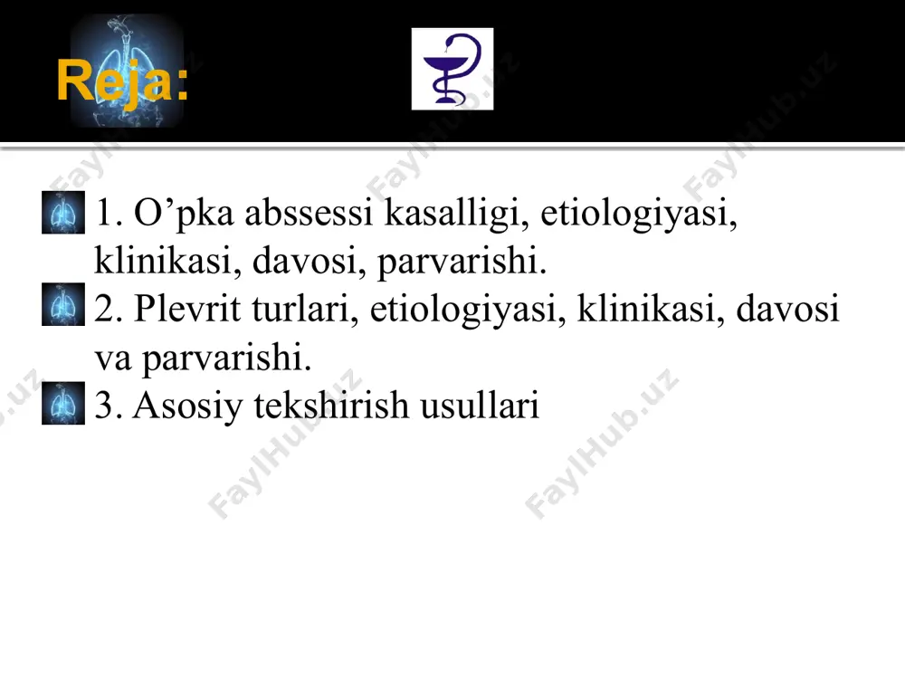 es bo’shlig’i yorilib bronx orqali balg’am ko’chishi bilan boshlanadi tana harorati pasayishi; bemorning og’zi to’lib yiringli balg’am kelishi (1 litrgacha, badbo’y); bemorlar holati yaxshilana boshlaydi; auskultatsiyada nam xirillashlar eshitiladi. asorati o’pka abssessida o’lim holatlari 5-10 %ni tashkil qiladi yiringli plevrit pnevmotoraks (ko’krak qafasida havo miqdori ko’p bo’lishi) o’pkadan qon ketishi sog’lom o’pkada yangi abssessning paydo bo’lishi jigar va buyrakda ikkilamchi abssesslar bilan kechuvchi sepsis rivojlanishi davosi 1. konservativ 2. jarrohlik * yotoq rejim * postural drenaj (2-3 marta 10-30 daq) * antibiotiko terapiya * radikal operatsiya postural drenaj profilaktika zotiljamni yaxshi davolash og’iz bo’shlig’i, burun halqumi va bronxlardagi o’choqlarni sanatsiya qilish aspiratsiyani oldini olish plevrit turlari, etiologiyasi, klinikasi, davosi, parvarishi va asorati. plevrit – plevra bo’shlig’iga ekssudat to’planishi va plevra varaqlarini yallig’lanishiga aytiladi etiologiyasi va patogenezi plevrit mustaqil kasallik bo’lmaydi, odatda kasalliklarni asorati sifatida uchraydi. oldingi davrlarda plevrit: 70-90 % sil kasalligi hisoblangan; hozirda ushbu ko’rsatkich 13-20 % kamaygan. * …