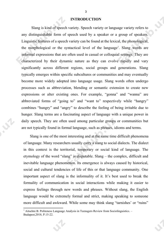 he tasks of this work as follows: · to study, summarize and analyze methodological literature on the topic of this study; · to define the basic concepts on the topic under study; · to study the importance of slangs in modern lexicology; · to analyze types of slang; · to identify similarities and distinctive features between slangs and standard language usage. the theoretical and practical values of the course paper are to study creation of slangs and to identify the role of slangs and then to provide theoretically approved and analyzed examples of slangs in lexicology. the theoretical value of this work lies in its emphasis on providing learners with a knowledge of understanding slangs and its role in modern lexicology. the practical part of the course paper can offer practical guidance for implementing slangs in the communication. it lies in its ability to provide valuable insights, strategies and resources …