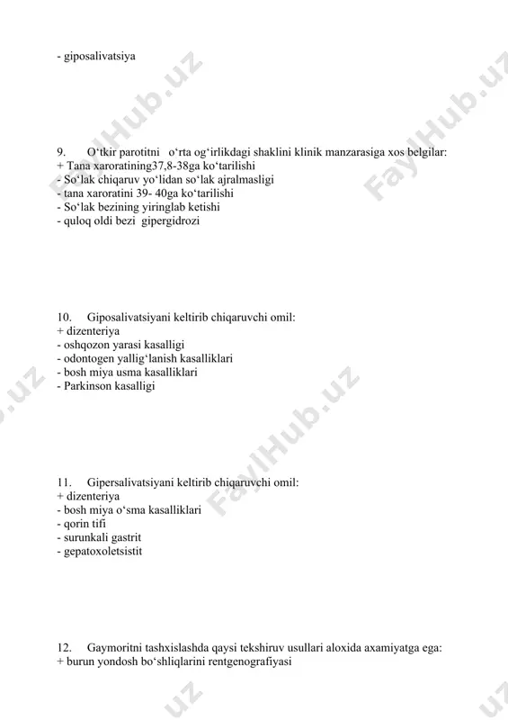 bezi soxasini shishib ketishi - og‘iz bo‘shlig‘ining qurushqoqligi - so‘lak bezi soxasining ikki tomonlama shishishi 23. perikoronitni rivojlanishiga olib keluvchi omil: + aql tishi chiqadigan soxada shilliq qavatning qalinligi - og‘iz bo‘shlig‘i shilliq qavati yallig‘lanishi - aql tishning anomal xolatda joylanishi - milkda eroziyalarning hosil bo‘lishi - aql tishini retensiyasi 24. perikoronorit kasalligida qo‘llaniladigan davolash usuli : + yallig‘lanishga qarshi davo - rentgenoterapiya - terapevtik davolash usullari - ortopedik davolash - ortodontik davolash usuli 25. pastki jag‘ doimiy immobilizatsiyasini konservativ davolash usuli: + tigershtedt shinasi; - bevosita osteosintez; - bilvosita osteosintez - jilonov usulida osteosintez - spitsa qo‘yish 26. pastki jag‘ doimiy immobilizatsiyasini operativ davolash usuli: + jilonov usulida osteosintez; - zbarj apparati quyish; - orlov apparati quyish; - veber shinasi taqish - engl yoyini taqish 27. so‘lak ajralishini kamaytirish uchun qo‘llaniladi: + belladonna nastoykasi; - limon sharbati; - eufillin - ko‘k choy damlamasi - romashka damlamasi 28. o‘tkir epidemik …