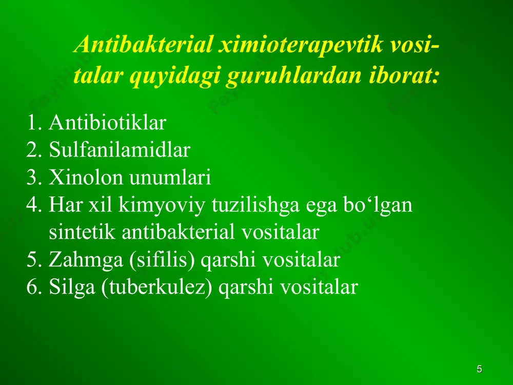 unga sezgir. lekin ichak bakteriyalari oilasi, sil qo‘zg‘atuvchisi, viruslar, rikketsiyalar, sodda jonivorlar, achitqisimon zamburug‘lar benzilpensillinga chidamli. me'da shirasining kislotali muhitida benzilpe-nitsillinlar parchalanadi va shuning uchun faqat parenteral yo‘l bilan kiritiladi. * benzilpensillinning na yoki k li tuzlarining ta'siri tax-minan 3-4 soat davom etadi. shu sababli ularni sutka davomida 5-6 marta kiritish kerak, bu ancha noqulay. har xil yiringli kasalliklarni davolashda qo‘laniladi: yaralar, yiringli plevrit, septik endokardit, pnevmoniyalar, bronxitlar, angina, difteriya, kuydirgi, epidemik meningit, zahm, so‘zak, qoqshol va boshqalar. benzilpensillinlar get dan yomon o‘tadi, shuning uchun meningitni davolash uchun uni orqa miya kanaliga kiritiladi. benzilpensillinning novokainli tuzi yomon eriydi, suspen-ziya sifatida m/i kiritilib, sekin so‘riluvchi antibiotik depo-sini hosil qiladi. ta'siri taxminan 24 soat davom etadi. bitsilin-1. benzilpenitsillinning dibenziletilendiaminli tuzi, ta'siri taxminan 7-10 kun davom etadi. bitsilin-3. benzilpenitsillin, novotsilin va bitsilin-1 ning teng qismlaridan iborat aralashma. tez va davomli ta'sir ko‘rsa-tadi. bitsilin-5. to‘rt qism bitsillin-1 va bir qism benzilpenisillinning novokainli tuzidan iborat. …