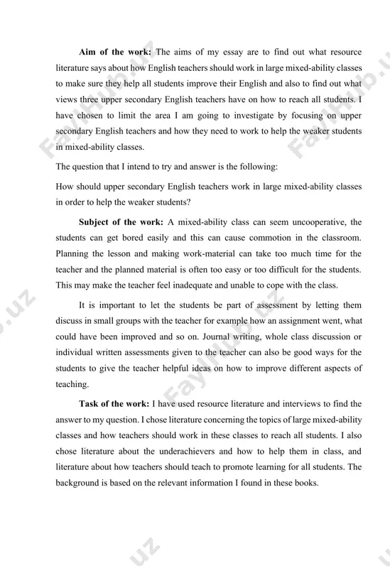 i have used resource literature and interviews to find the answer to my question. i chose literature concerning the topics of large mixed-ability classes and how teachers should work in these classes to reach all students. i also chose literature about the underachievers and how to help them in class, and literature about how teachers should teach to promote learning for all students. the background is based on the relevant information i found in these books. the second equally important part of my essay is the analysis, which i based on the separate interviews conducted with three upper secondary english teachers. the interviewees were one female teacher with 40 years of experience, one male teacher with 8 years of experience and one female special teacher of english with 36 years of teaching english experience. the reason why a special teacher of english was interviewed was because i believed it could …