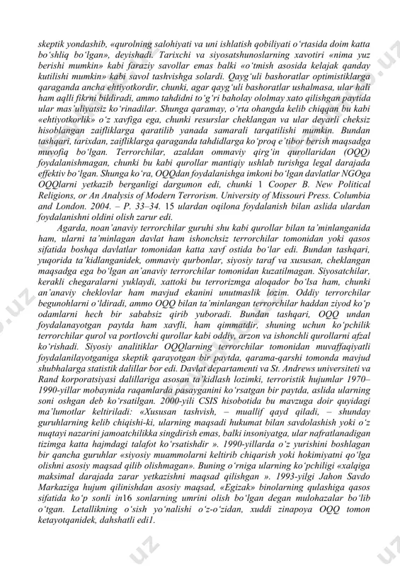 «biror narsani ikkinchisiga bog‘lash») muayyan sharoitda, biron-bir g‘oyaga qat’iy ishonib, uni mutlaqlashtirish asosida shakllangan qoida va tartiblarni sharoit, holat, vaziyatni hisobga olmagan holda ko‘r-ko‘rona qo‘llash yoki shunga urinishni anglatadi. u muayyan qonun va qoidalar ta’sir doirasini sun’iy kengaytirishga urinishda yorqin namoyon bo‘ladi. diniy ekstremizm kelib chiqishining birinchi va asosiy sababi bu – mutaassib fikr va qarashlarning paydo bo‘lishidir. demak, mutaassiblik ekstremizm va terrorizmga zamin tayyorlaydi. mutaassiblik (arab. «chuqur ketish») o‘z fikr-mulohaza va dunyoqarashi to‘g‘riligiga o‘ta qattiq ishonib, boshqa diniy e’tiqodlarga murosasiz munosabatda bo‘lishni anglatadi. mutaassiblik barcha davrlarda turli din va yo‘nalishlar orasida keskin nizo va to‘qnashuvlar kelib chiqishiga sabab bo‘lgan. ayni paytda, dunyoviy va diniy bilimlarning sayozligi, sof diniy tushunchalarning asl mazmunini bilmaslik ham diniy mutaassiblik g‘oyalarining tarqalishiga sabab bo‘lishi mumkin. bu jarayonning eng xatarli jihati dinni siyosiylashtirish vositasida hokimiyatga intilish, dindan odamlar orasiga nifoq solish, qo‘poruvchilik ishlarini amalga oshirish va g‘arazli manfaatlarni ro‘yobga chiqarishda foydalanishga urinishlarda namoyon bo‘lmoqda. terrorizm …