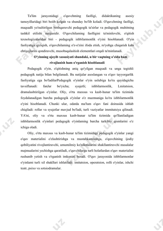 ion, rolli o'yinlar, ishchi teatr, psixo va sotsiodramalar. ishbilarmonlik o'yini (10') o'zida mutaxassisning kelajakdagi kasbiy faoliyatining predmeti va ijtimoiy mazmunini tiklash shaklini mujassamlashtiradi, faoliyat yaxlitligini belgilovchi shunday munosabatlar tizimini modellashtiradi. belgili vositalar (til, nutq, grafddar, jadvallar, hujjatlar) yordamida, ishbilarmonlik o'yinida asosiy muhim belgilariga ko'ra haqiqiy vaziyatga o'xshash kasbiy vaziyat vujudga keltiriladi. shu bilan birga ishbilarmonlik o'yinida, qisqa vaqt ichida faqat turdosh umumiy vaziyatlar qayta tiklanadi. ishbilarmonlik o'yigi kelajakdagi kasbiy faoliyatning pridmeti iihatini (shartli amaliyot) talabalarning boshqa rolll holatdagi vakillar bilan o'zaro muloqotda bo'luvchi ijtimoiy jihatini vujudga keltiradi. shunday qilib, ishbilarmonlik o'yinida jamoaviy o'quv faoliyatning yaxlit shakli - ishlab chiqarish, kasbiy faoliyati sharoiti modelida yaxlit obyektda amalga oshiriladi. ishbilarmonlik o'yinida talaba o'zida o'quv va kasbiy elementlarni uyg'unlashtirgan o'xshash kasbiy faoliyat bajaradi. bilim va ko'nikmalami o'zlashtirilishi abstrakt darajada emas, balki kasbiy mehnat kontekstida amalga oshadi. kontekstli o'qitishda bilimlar kelajak uchun bekorga emas, balki o'quvchining real o'yin jarayonidagi harakatini ta'minlaydi. bir vaqtning o'zida, …