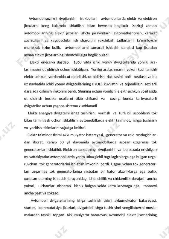 nerator-lari uzgarmas tok generatorlariga nisbatan bir kator afzalliklarga ega bulib, xususan ularning ishlatish jarayonidagi ishonchlilik va chidamlilik darajasi ancha yukori, ulchamlari nisbatan kichik bulgan xolda katta kuvvatga ega, tannarxi ancha past va xokazo. avtomobil dvigatellarining ishga tushirish tizimi akkumulyator batareyasi, starter, kommutatsiya jixozlari, dvigatelni ishga tushirishni yengillatuvchi mosla-malardan tashkil topgan. akkumulyator batareyasi avtomobil elektr jixozlarining zarur kismlaridan biriga aylandi. avtomobillarda dizel dvigatellari kullani-lishi ishga tushirish tizimining kuvvati ancha oshirilishini talab kildi. bu, uz navbatida, sigimi 200-250 a(soat bulgan, takomillashgan akkumulyator batareyalarni, kuvvati 10-15 kvt gacha bulgan starterlarni ishlab chikishga olib keldi. xozirgi zamon avtomobil dvigatellarida sikish darajasi, aylanishlar chastota-si usishi bilan birga tejamkorligini oshirish, chikindi gazlarni zaxarliligini kamaytirish masalalariga bulgan talabning kuchayishi ut oldirish sistemalaridagi yukori kuchlanish kiymatini 1,5-2 baravar oshirish zaruratini tugdirdi. klassik yoki kontaktli ut oldirish tizimining imkoniyati cheklanganligi sababli bu muammoni xal kilish uchun ut oldirishning yangi sistemalari ishlab chikildi, xususan kontakt-tranzistorli, kontaktsiz-tranzistorli, mikroprotsessorli ut oldirish sistemalari …