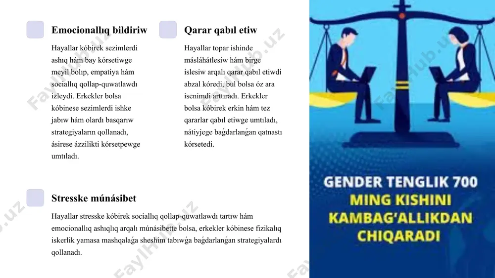 usılları hayallar sóylew hám emocionallıq dialog arqalı sóylesiwdi abzal kóredi, olar birge islesiwge hám óz ara túsinisiwge itibar beredi; erkekler bolsa kóbirek fizikalıq iskerlik yamasa háreket arqalı óz pikirlerin bildiriwdi abzal kóredi. 2 kelisimge keliw hám kelispewshiliklerdi sheshiw genderge tán ózgeshelikler qıyın qatnasıqlarda kelisimge keliw strategiyaların qáliplestiredi: hayallar kóbirek másláhátlesiw hám óz-ara birge islesiw arqalı sheshim tabıwǵa umtılsa, erkekler kóbirek erkin hám nátiyjege baǵdarlanǵan qatnastı tańlaydı. 3 8 jámiyette gender dinamikasi gender dinamikasi - bul jámiyette erkekler hám hayallardıń óz ara múnásibetleri, rolleri, imkaniyatları hám statusınıń waqit ótiwi menen qalay ózgeriwin kórsetiwshi process. ol gender roller hám stereotipler tiykarında qáliplesip, jámiyettiń ekonomikalıq, siyasiy, mádeniy hám sociallıq turmısında sáwlelenedi. jámiyette gender dinamikasi tómendegi faktorlar arqalı kórinedi: gender rolleriniń bólistiriliwi - erkekler hám hayallarǵa júklengen sociallıq wazıypalar hám minnetlemeler. kásiplik ayırmashılıq - ayırım tarawlarda erkekler, basqalarında bolsa hayallar kóbirek jumıs alıp barıwı. bilimlendiriw hám basshılıqtaǵı gender teńligi - hayallar hám erkeklerdiń bilim …