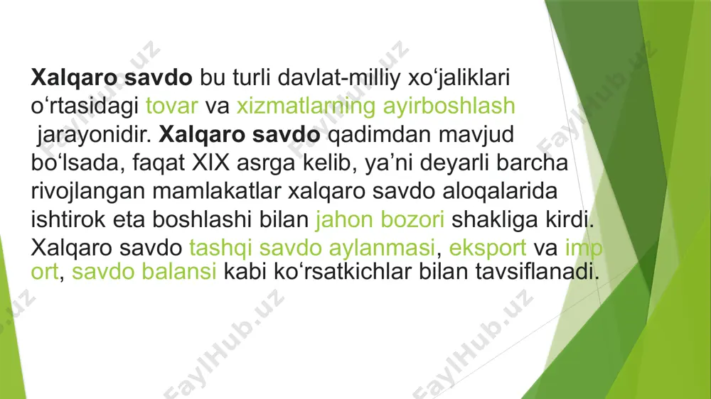 nig eng yuqori nuqtalari 18 trln dollar va 4 trln dollarga yetdi. 1980 va 2011 - yillarda rivojlanayotgan mamlakatlar dunyo export-importi ulushida sezilarli o‘sish kuzatildi; duynyo exportidagi ulushi 34% dan 47% ga yetdi. dunyo importidagi ulushi esa 29% dan 42% ga o‘sdi, ushbu o‘sish ko‘rsatkichlarida osiyo mamlakatlari o‘suvchi rolnin o‘ynamoqda; so‘nggi bir nechta o‘n yillikda jahon savdosi sal kam ikki barobarga o‘sdi. xalqaro savdo xalqaro iqtisodiy munosabatlarning eng rivojlangan va keng tarqalgan shakli hisoblanadi. u zamonaviy tashqi siyosiy manfaatlar va dunyo mamlakatlarining muammolarida muhim o'rin tutadi. shuning uchun uning mohiyatini, rivojlanish dinamikasini va zamonaviy tuzilishini o'rganish davlatni rivojlantirish dasturlarining tashqi siyosatini belgilashning muhim elementi bo'lib, uning dolzarbligini tasdiqlaydi. shundan kelib chiqqan holda, biz ushbu kurs ishining xalqaro savdo haqidagi ma'lumotlarni to'plash, tizimlashtirish va tahlil qilishdan iborat bo'lgan quyidagi maqsadini shakllantirishimiz mumkin. tashqi savdo - bir mamlakatning dunyoning boshqa mamlakatlari bilan tovarlar va xizmatlar eksporti va importidan iborat bo'lgan savdosi. bu …