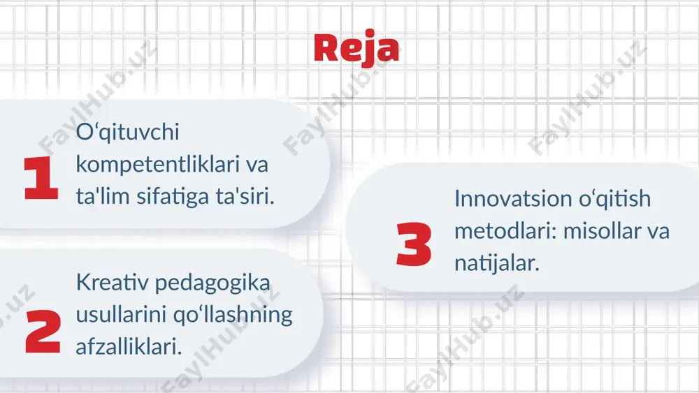 a asosiy turlarga bo'linadi: 1. pedagogik kompetentlik: o‘qituvchining ta'lim jarayonini tashkil etish va boshqarish qobiliyati. 2. psixologik kompetentlik: o‘quvchilarni tushunish va ularning ehtiyojlariga moslashish qobiliyati. 3. ijtimoiy kompetentlik: o‘qituvchining jamiyat bilan aloqalarni o'rnatish va o‘quvchilar bilan samarali muloqot qilish qobiliyati. har bir kompetentlik ta'lim sifatini oshirishda muhim rol o'ynaydi. masalan, pedagogik kompetentlik yuqori bo'lgan o‘qituvchi o‘quvchilarning qiziqishini oshirishi va ularni faol ishtirok etishga undashi mumkin. psixologik kompetentlik o‘quvchilarning hissiy holatlarini tushunib, ularga qulay o‘qish muhitini yaratishga yordam beradi. ijtimoiy kompetentlik esa o‘qituvchining jamiyat bilan aloqalarini mustahkamlash orqali ta'lim jarayonini yanada samarali qiladi. kreativ pedagogika o‘quvchilarning ta'lim jarayoniga faol ishtirok etishini ta'minlaydi. bu usul o'qituvchilarni yangi g'oyalar va metodlarni qo'llashga undaydi, bu esa ta'lim sifatini oshirishga xizmat qiladi. kreativ pedagogikaning tamoyillari o'qituvchilar o'z kreativligini oshirish uchun turli usullardan foydalanishlari zarur. ular o'z faoliyatini yangilash, zamonaviy texnologiyalarni qo'llash va o'z-o'zini rivojlantirishga intilishlari kerak. o'qituvchi kreativligini oshirish usullari o'qituvchilar ta'lim jarayonida kreativ pedagogikani …