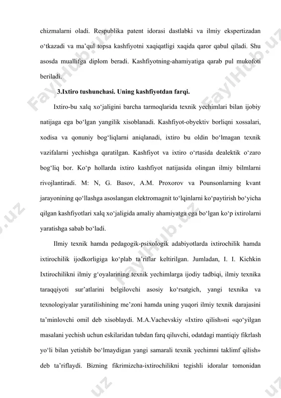 riza sifatida beriladi. ratsionalizatorilik fikrlar qaysi korxonaga tegishli bo‘lsa, shu korxonaning irj ga a’riza beriladi. agarda fikrlar boshqa korxonalarga tegishli bo‘lsa vazirlikka beriladi va ro‘yxatga olinadi. novatorlik va ratsionalizatorlik xususiyatlarini aniqlash - kasbiy adaptatsiya ya’ni malakali mutaxassis yetishuvi bilan nihoyasiga yetadi. bunda ko`zga tashlanadigan sifat mutaxassisning ijodiy mehnat qilishidir. novatorlik–ishlab chiqarishda fan-texnikaning eng so`nggi yutuqlaridan foydalanishga intilish. ratsionalizatorlik–ijodiy mehnat qilish orqali kam mablag` va kuch sarflagan holda ko`p va sifatli mahsulot chiqarishga kirishish, shaxsiy takliflari bilan chiqish va boshqalardir. ratsionalizatorlik takliflari - bu xalq xo`jaligining tarmoqlarida yangi va foydali texnik vazifalarni yechishga, ya’ni mahsulotning loyihasini ishlab chiqarish texnologiyasini, foydalanilmayotgan texnikani yoki materiallarning xossasini o`zgartirishga qaratilgan bo`ladi. ratsionalizatorlik ko`p qirrali muammo bo`lib, ko`proq iqtisodiy masalalarni hal etishga qaratilgan. ratsionalizatorlik fikrlar ma’lum talablarga javob berishi kerak: birinchidan, texnik yechimga ega bo`lishi, ikkinchidan, yangilik bo`lishi, uchinchidan foydali bo`lishi kerak. ratsionalizatorlik fikrlar maxsus blankada ariza sifatida beriladi. ratsionalizatorlik fikrlar qaysi korxonaga tegishli bo`lsa shu …
